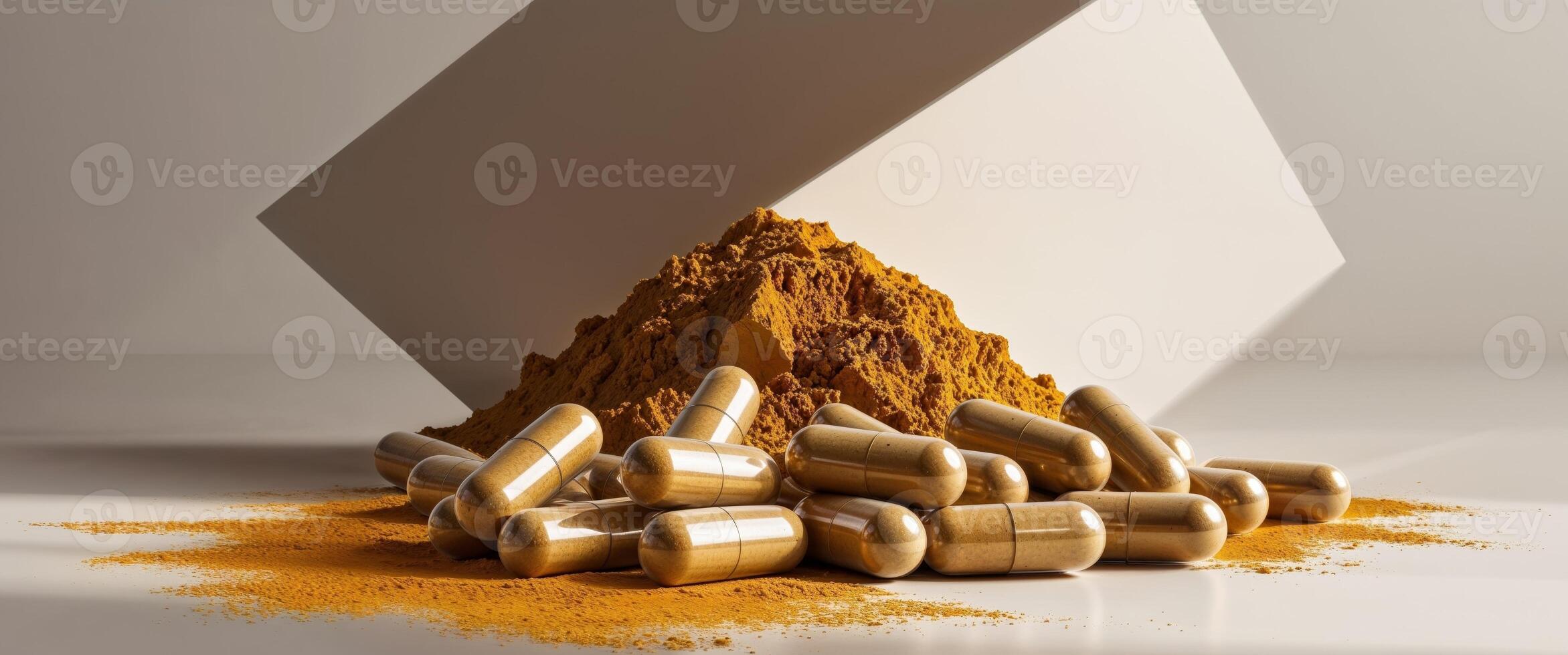 A pile of capsules and capsules on a white surface photo