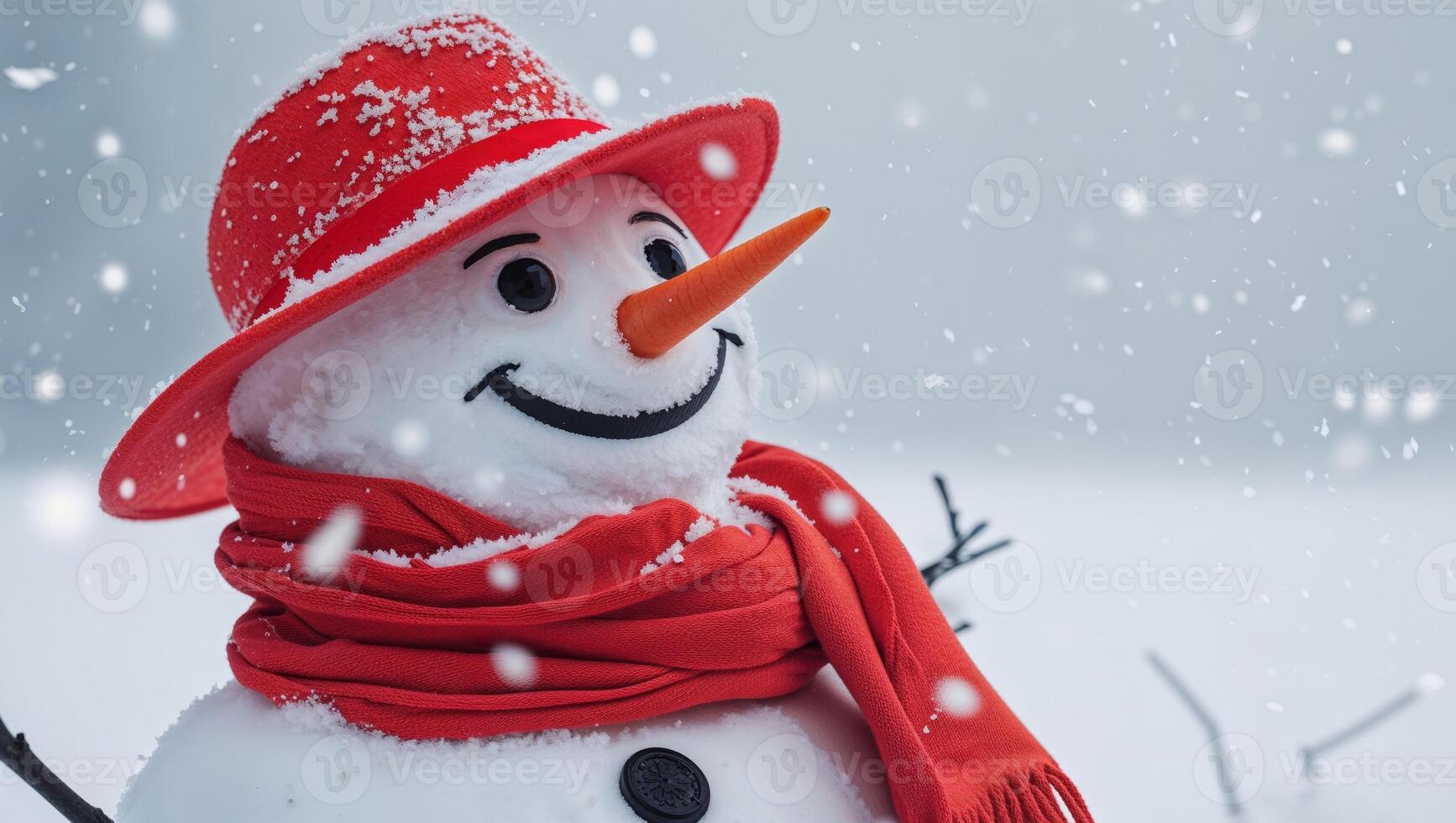 A snowman wearing a red hat and scarf photo