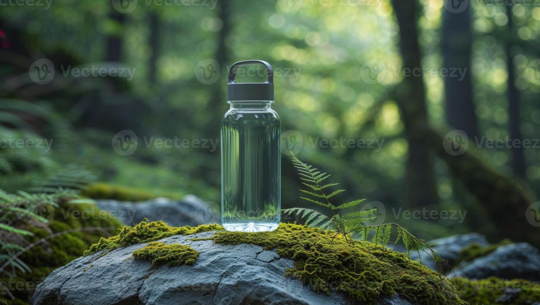 A clear plastic water bottle is sitting on top of a rock in the middle of a forest photo
