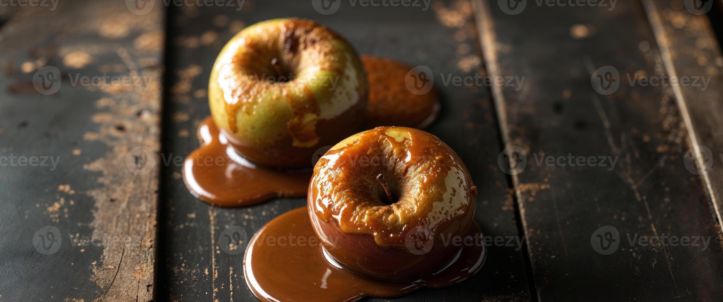 Two apples are sitting on a wooden table photo