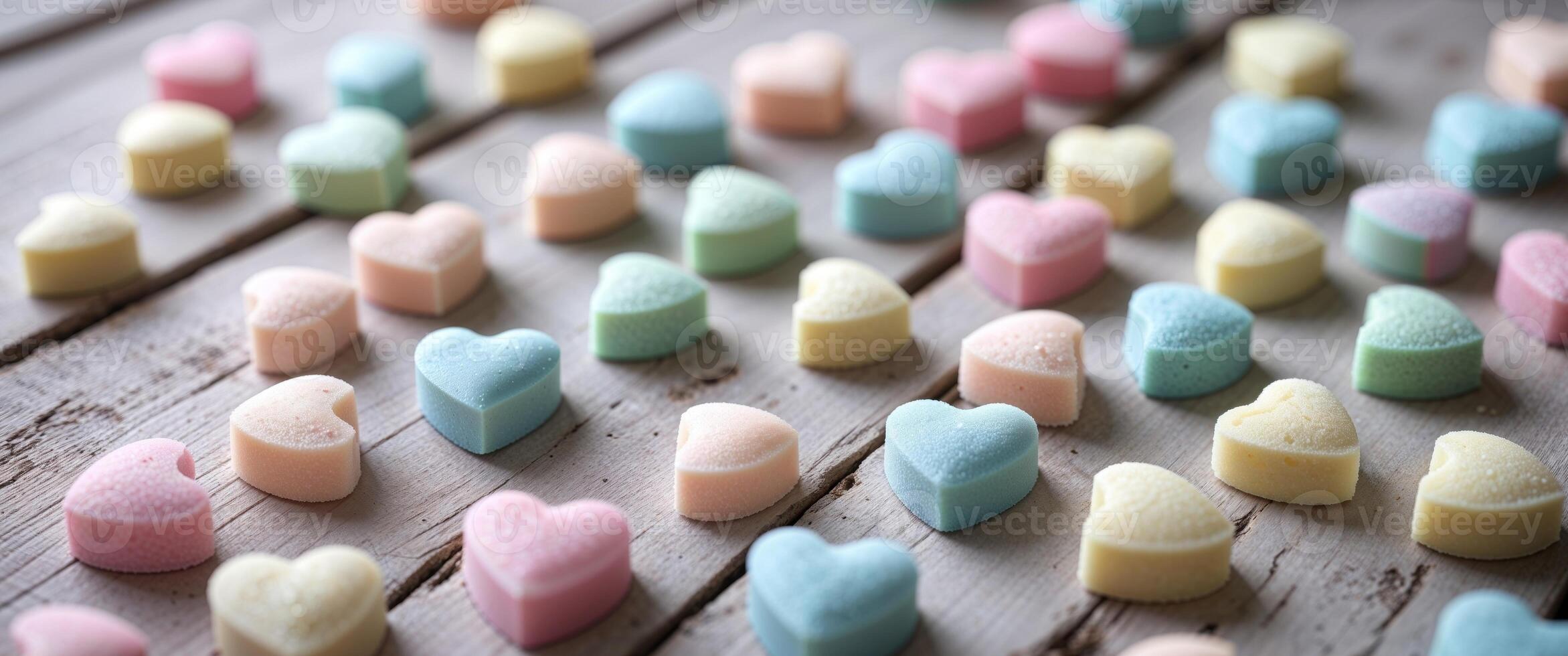 Heart Shaped Candies Resting On Wooden Surface photo