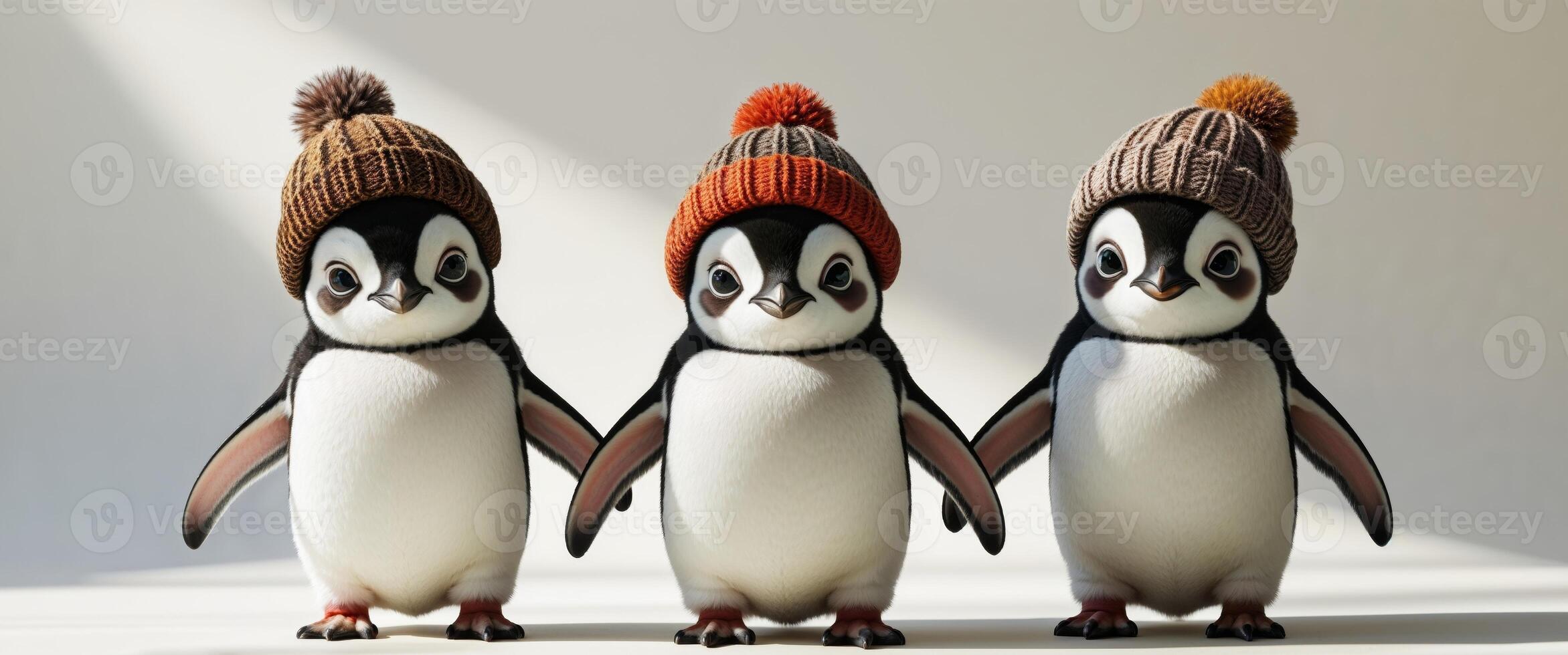 Three Adorable Penguins Wearing Knitted Winter Hats photo