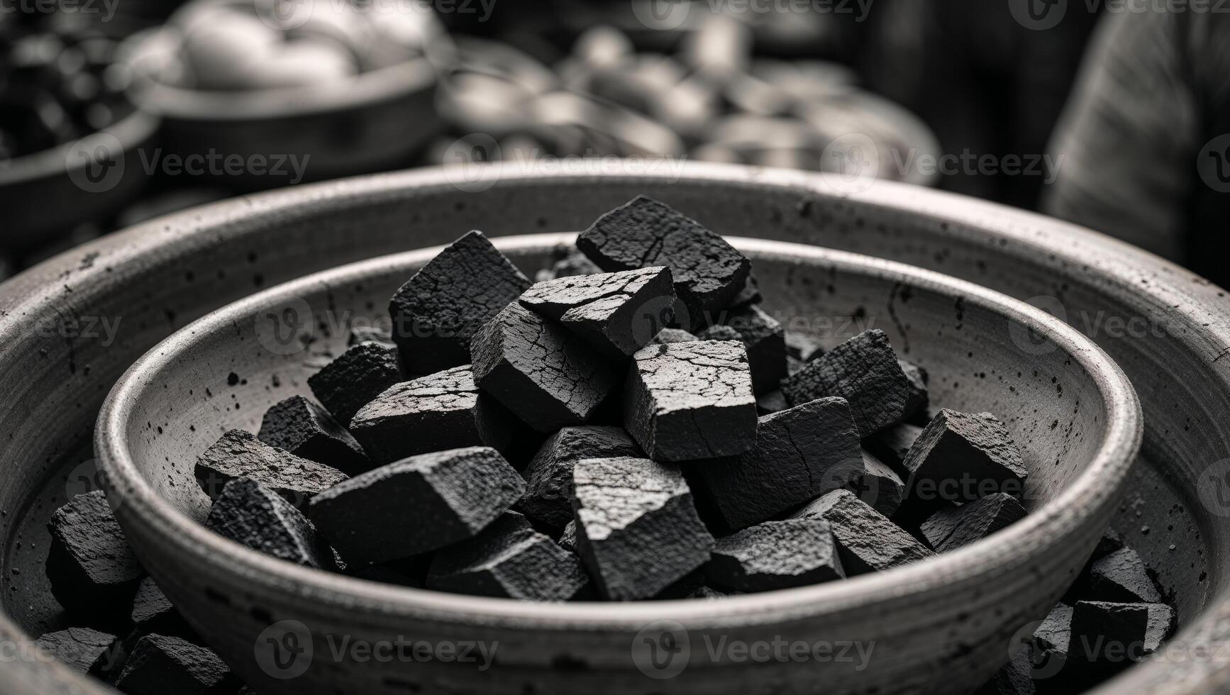 Close up of bowl overflowing with chunks of coal for sale at market photo