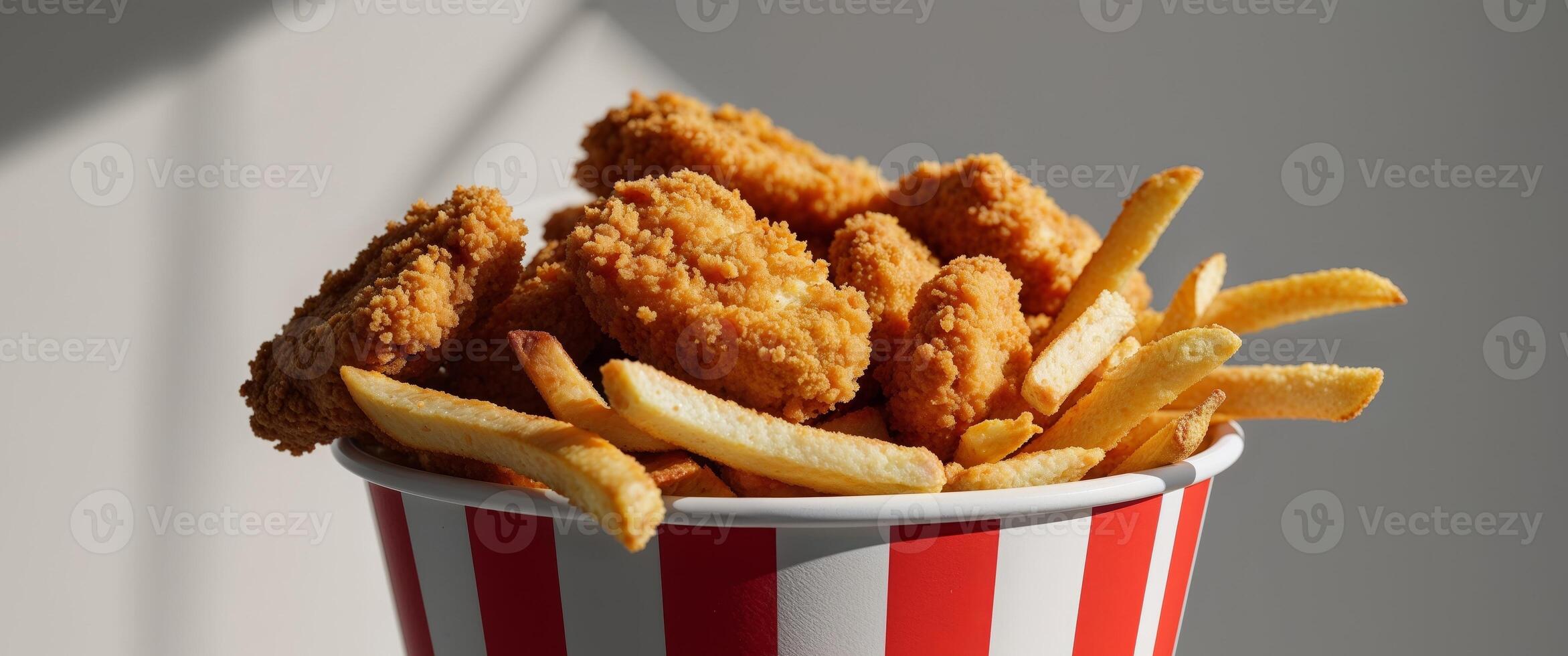 A bucket of fried chicken and french fries photo