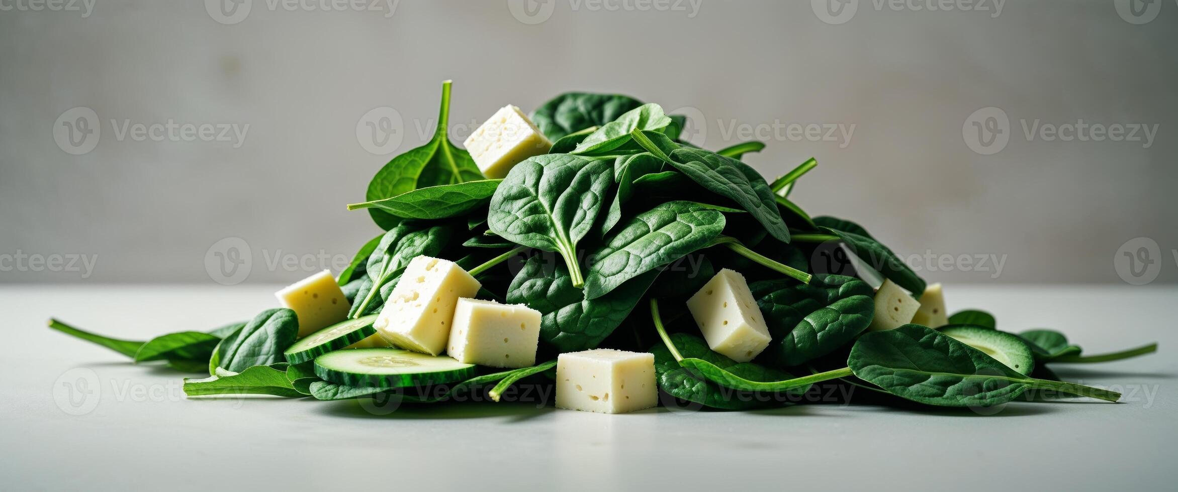 Spinach salad with cheese and cucumbers photo
