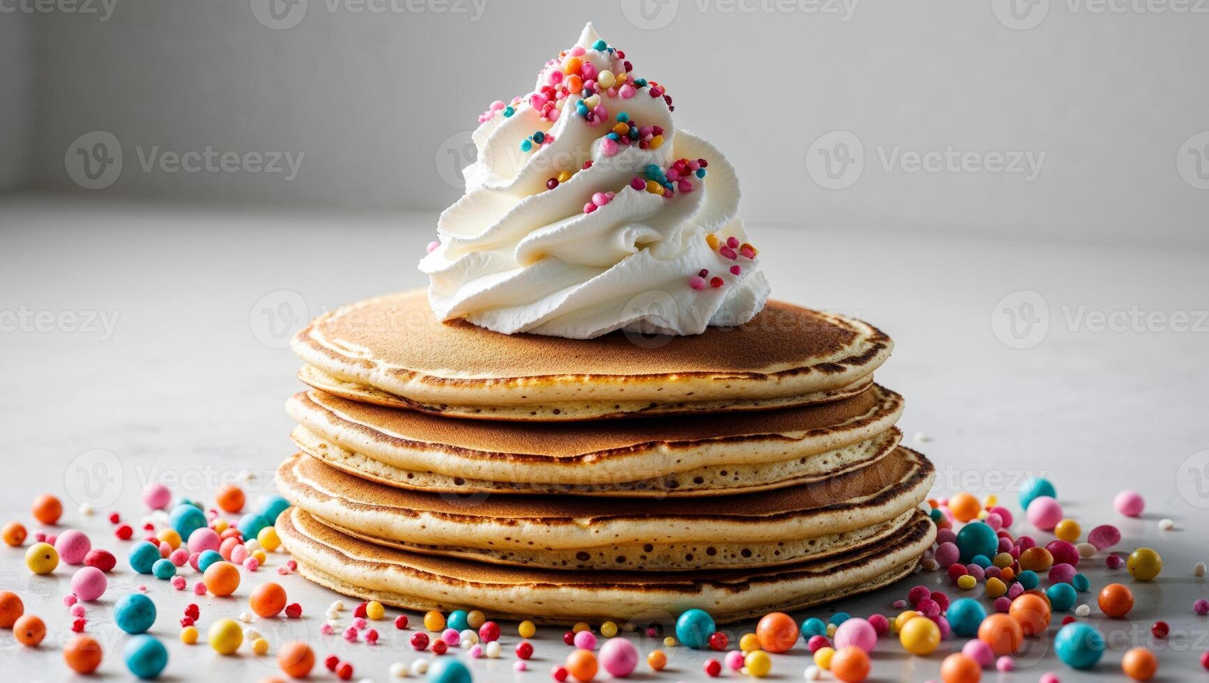 A stack of pancakes with whipped cream and sprinkles photo