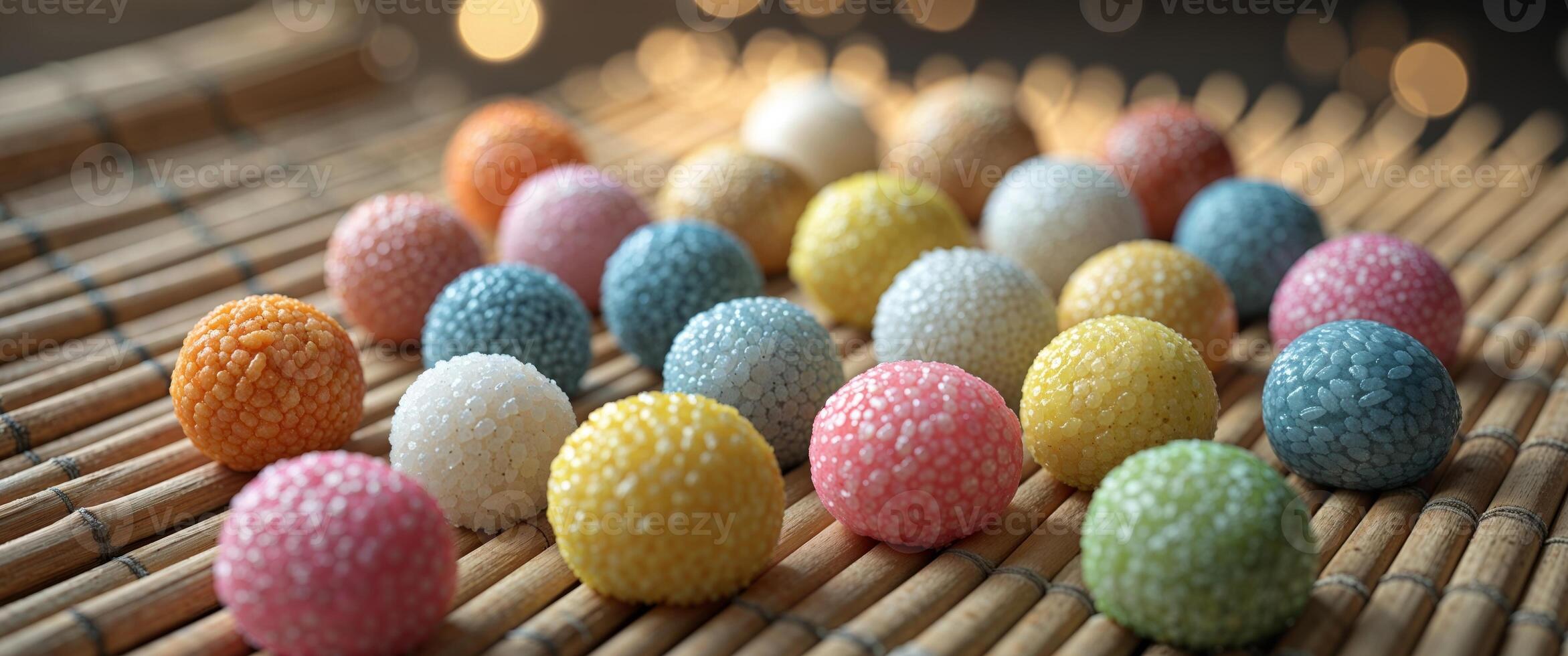 A pile of colorful eggs on a bamboo mat photo