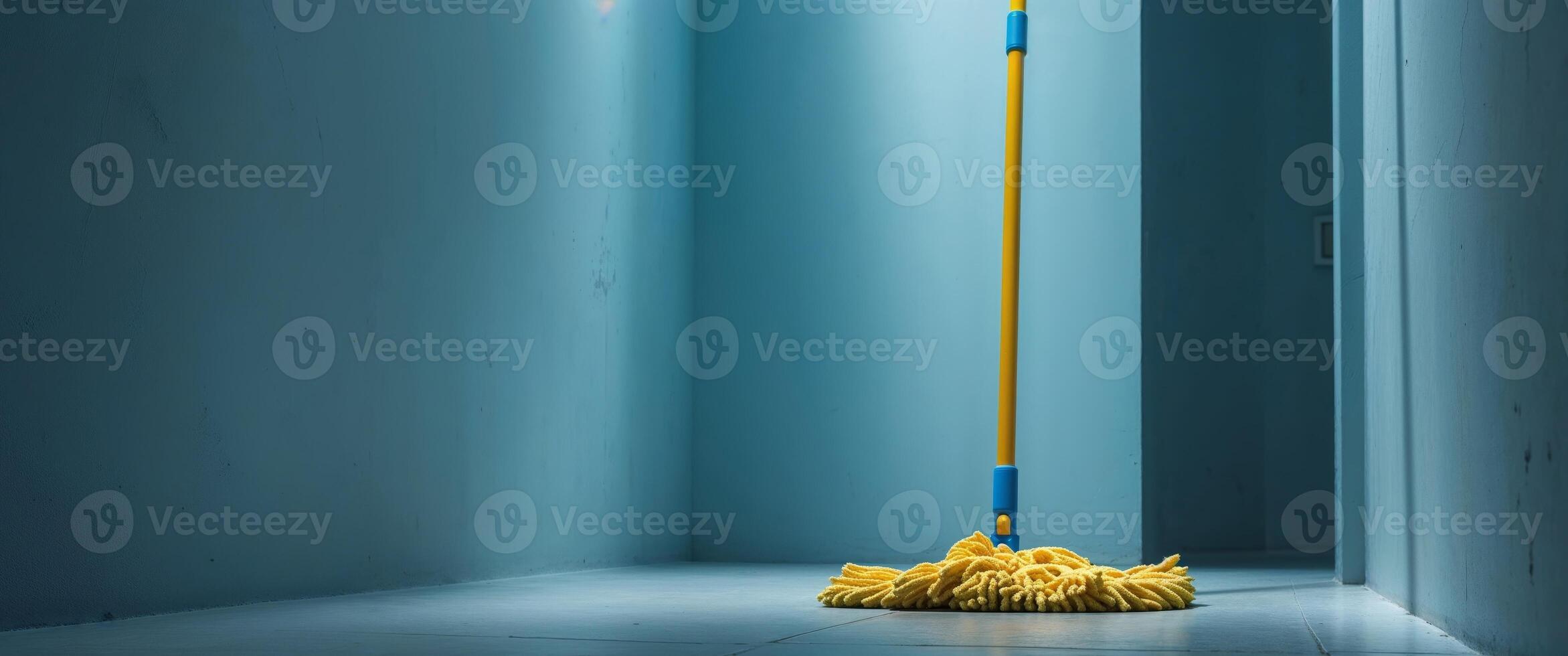 Yellow mop is in a hallway with a blue wall photo