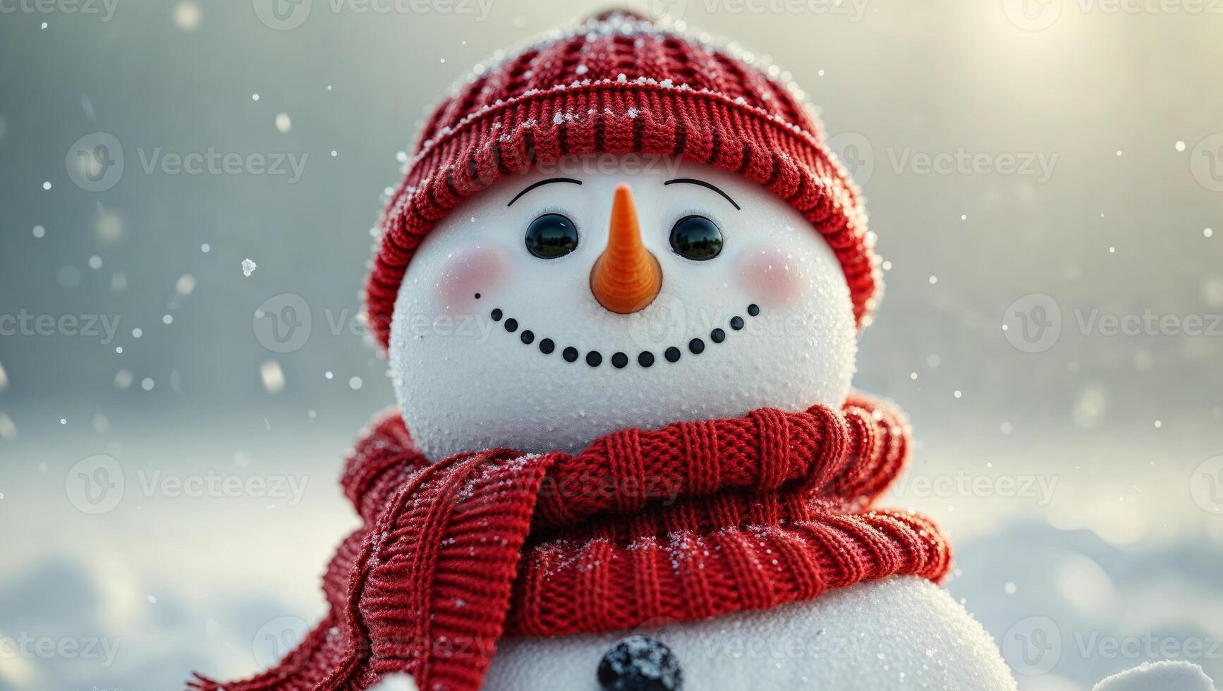Smiling snowman wearing knitted scarf and hat in snow photo
