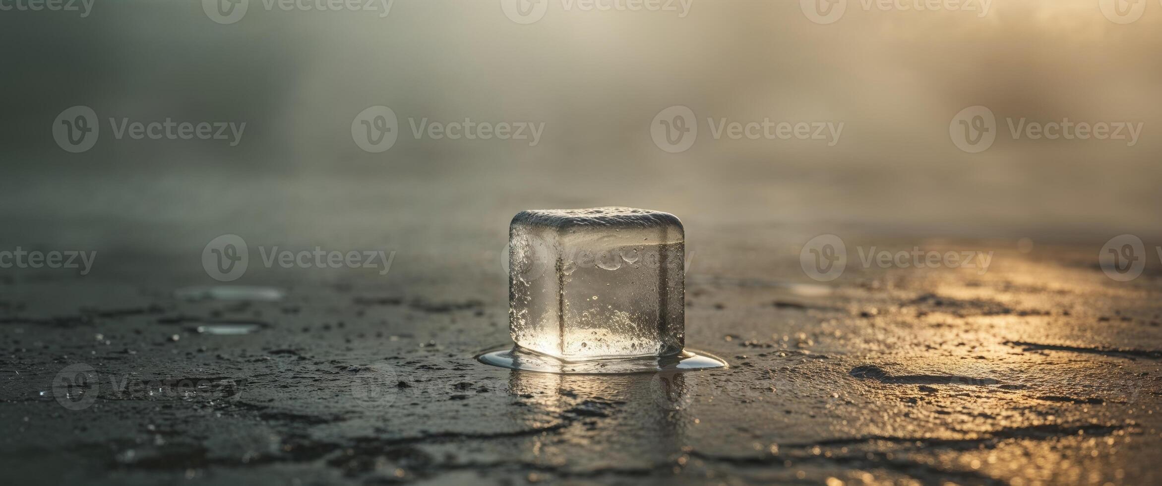 Melting ice cubes on warm surface with golden backlight photo