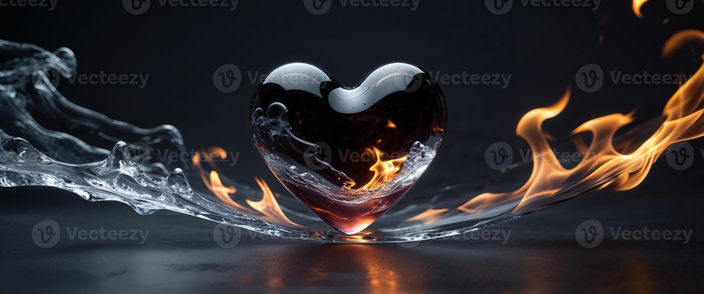 Glass heart with fire and ice effect on dark background. photo