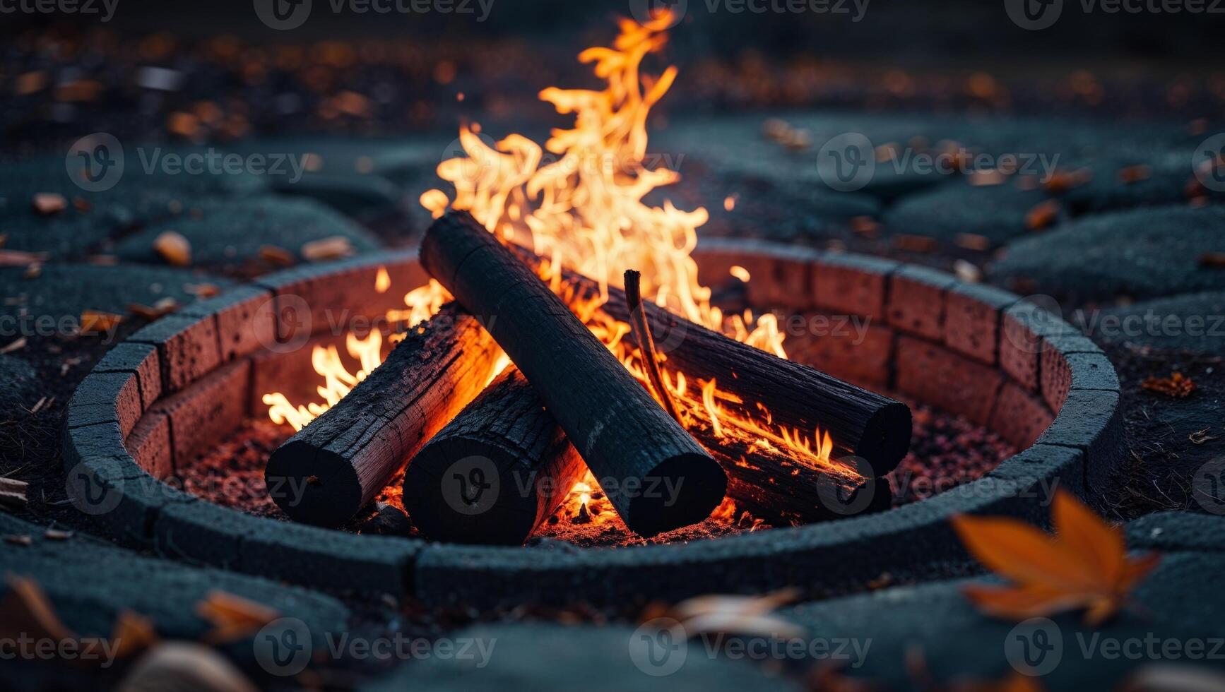 Campfire pit with wooden logs burning for outdoor warmth and ambiance photo