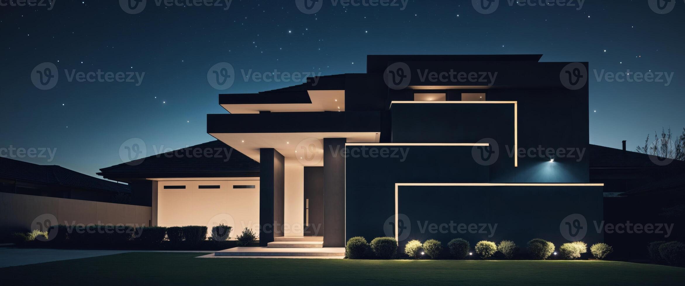 Modern Home Exterior Nighttime Landscape Lighting Design. photo