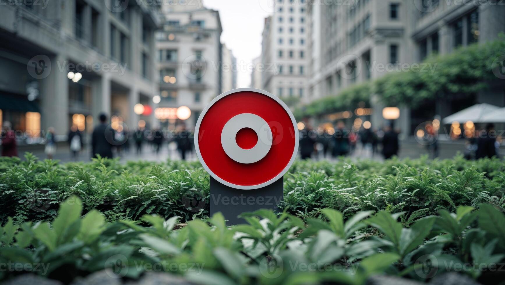 Red target standing out from the crowd in urban green space photo