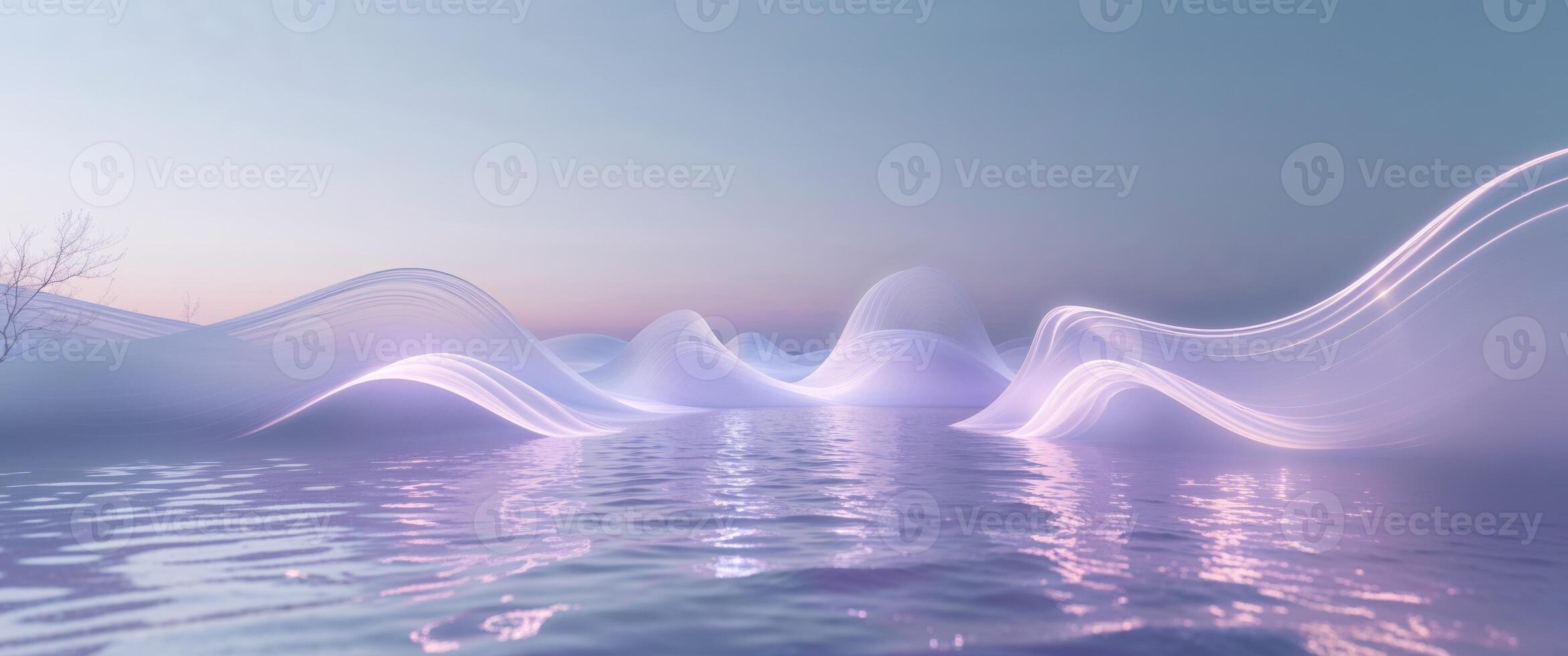 Abstract landscape with glowing forms and illuminated water features. photo