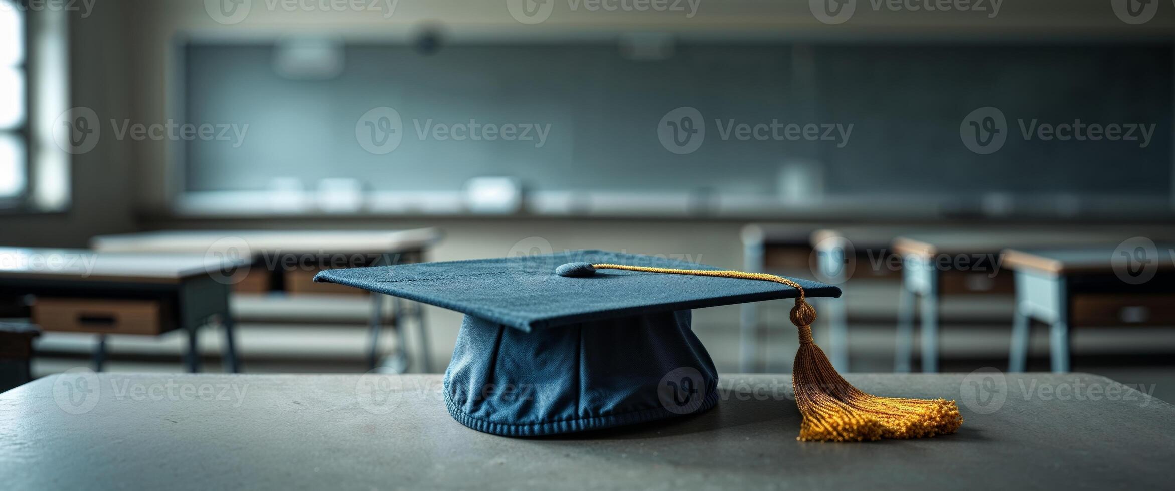 Graduation cap on desk in empty classroom. photo