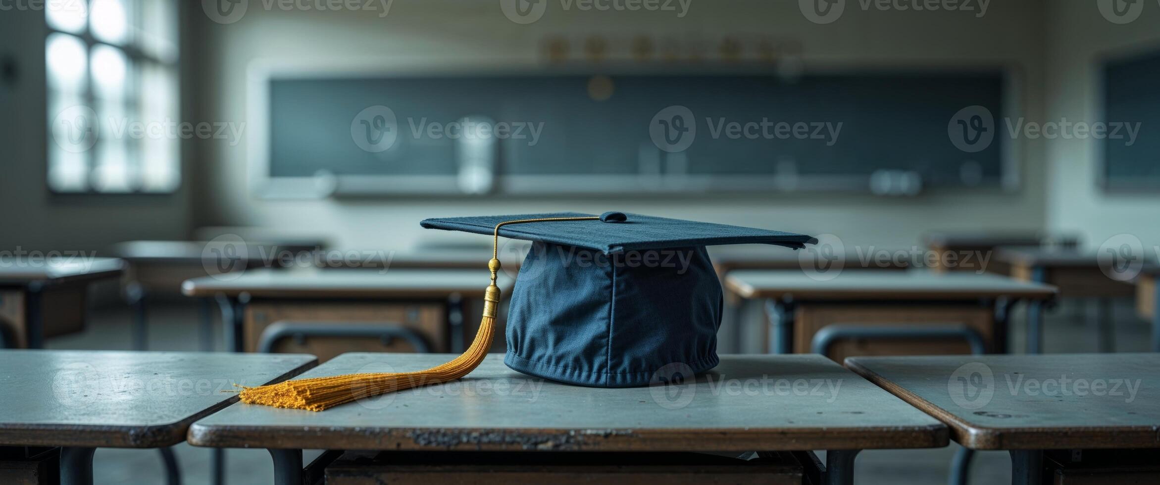 Graduation cap on desk in empty classroom photo