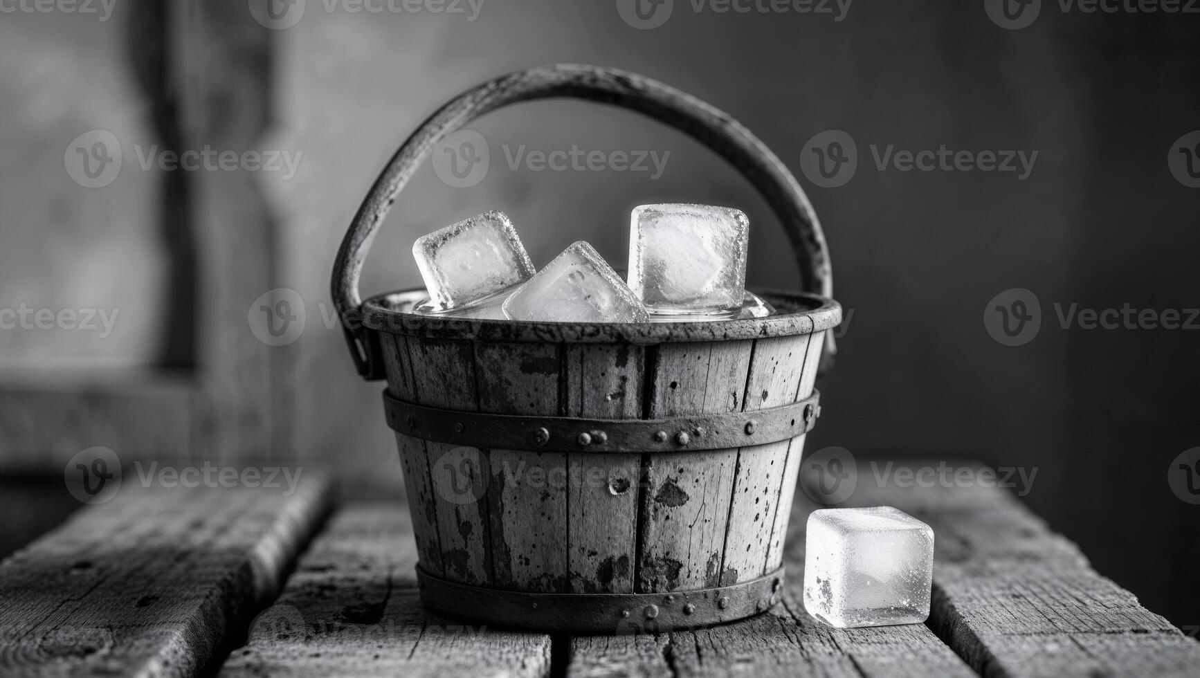 Ice cubes overflowing from old wooden bucket on rustic table photo