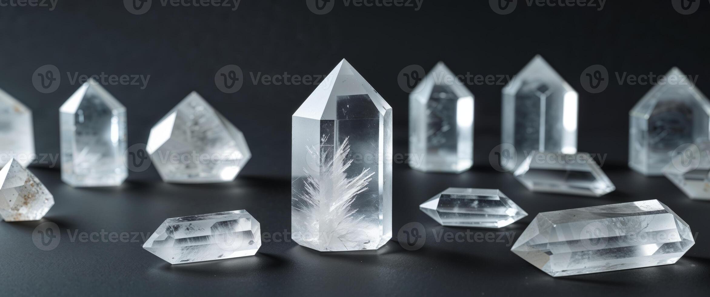 Raw Clear Quartz Crystals on Black Background. photo