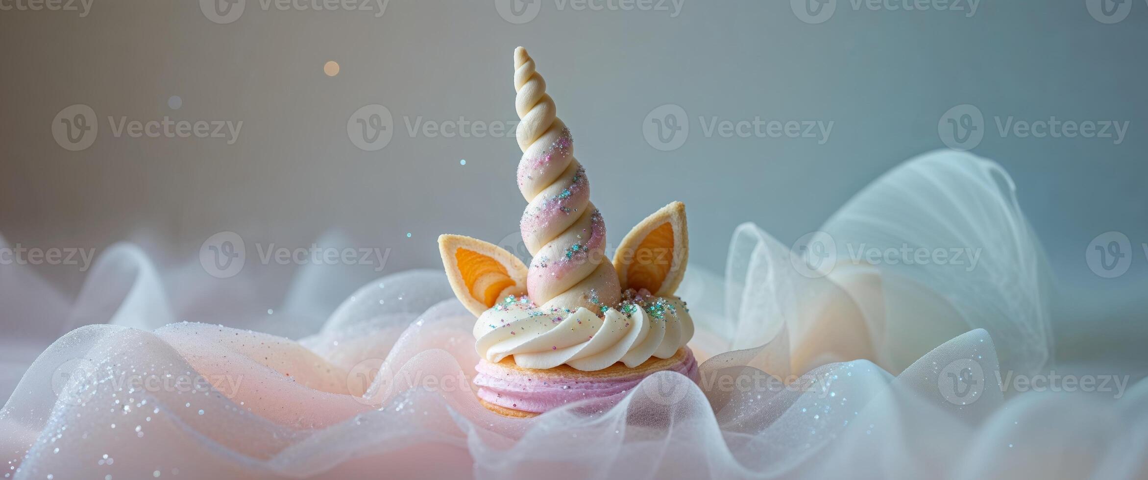 A unicorn horn pastry with pastel swirls and edible glitter photo