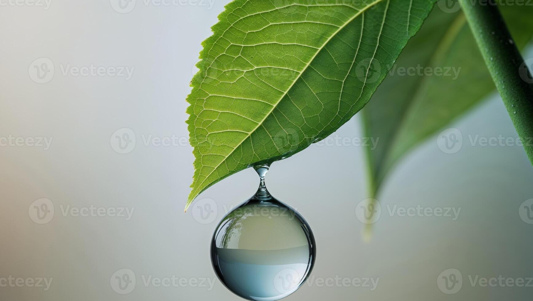 Big water drop hanging from green leaf reflecting nature photo