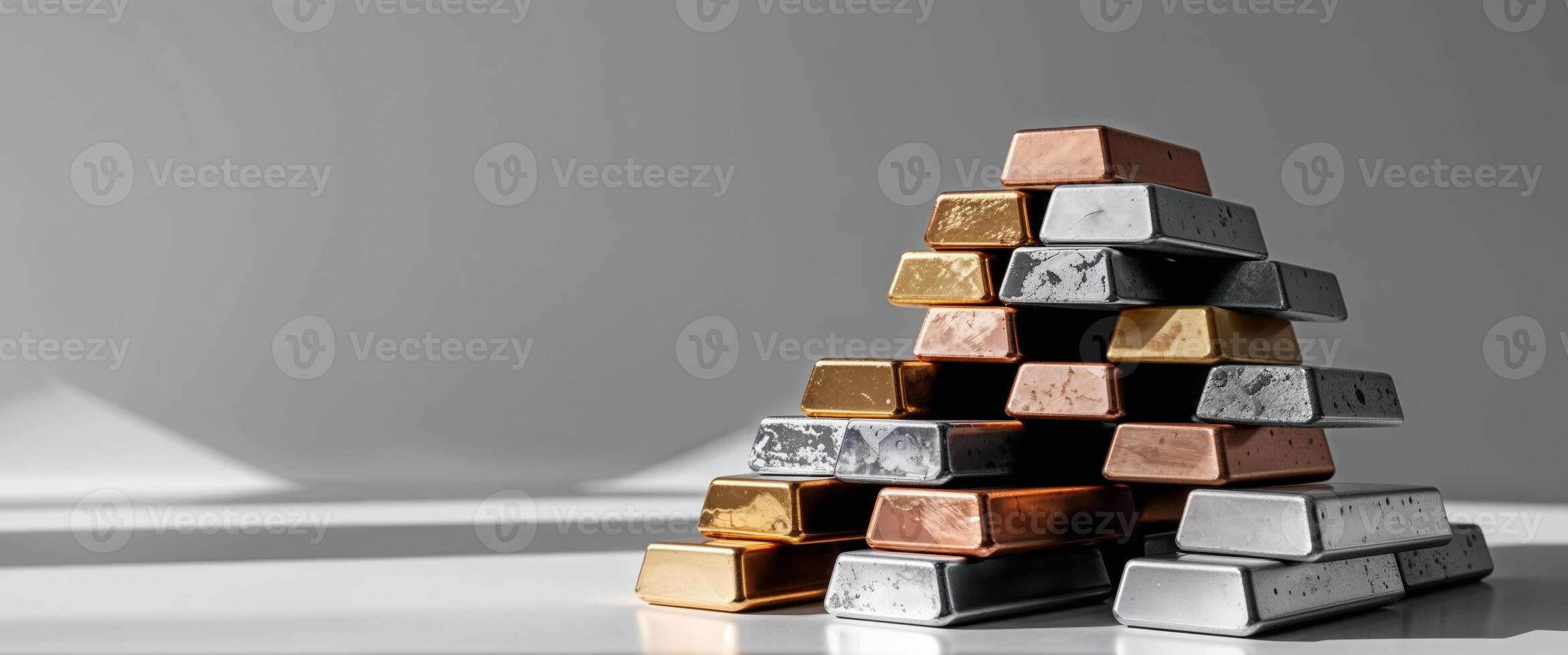Stacked metal ingots of various precious and industrial metals. photo