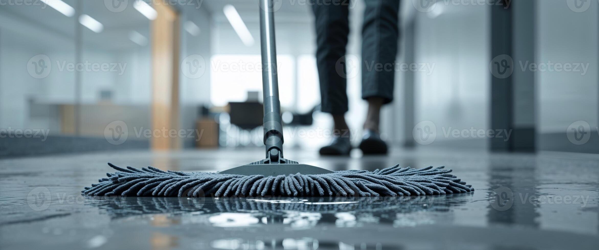 Mop Cleaning Wet Floor in Office Hallway. photo