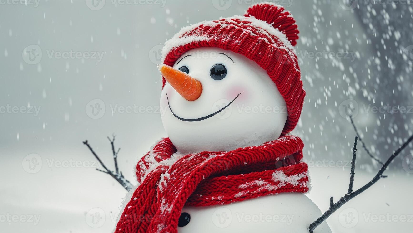 Snowman wearing red knitted scarf and hat enjoying falling snow photo
