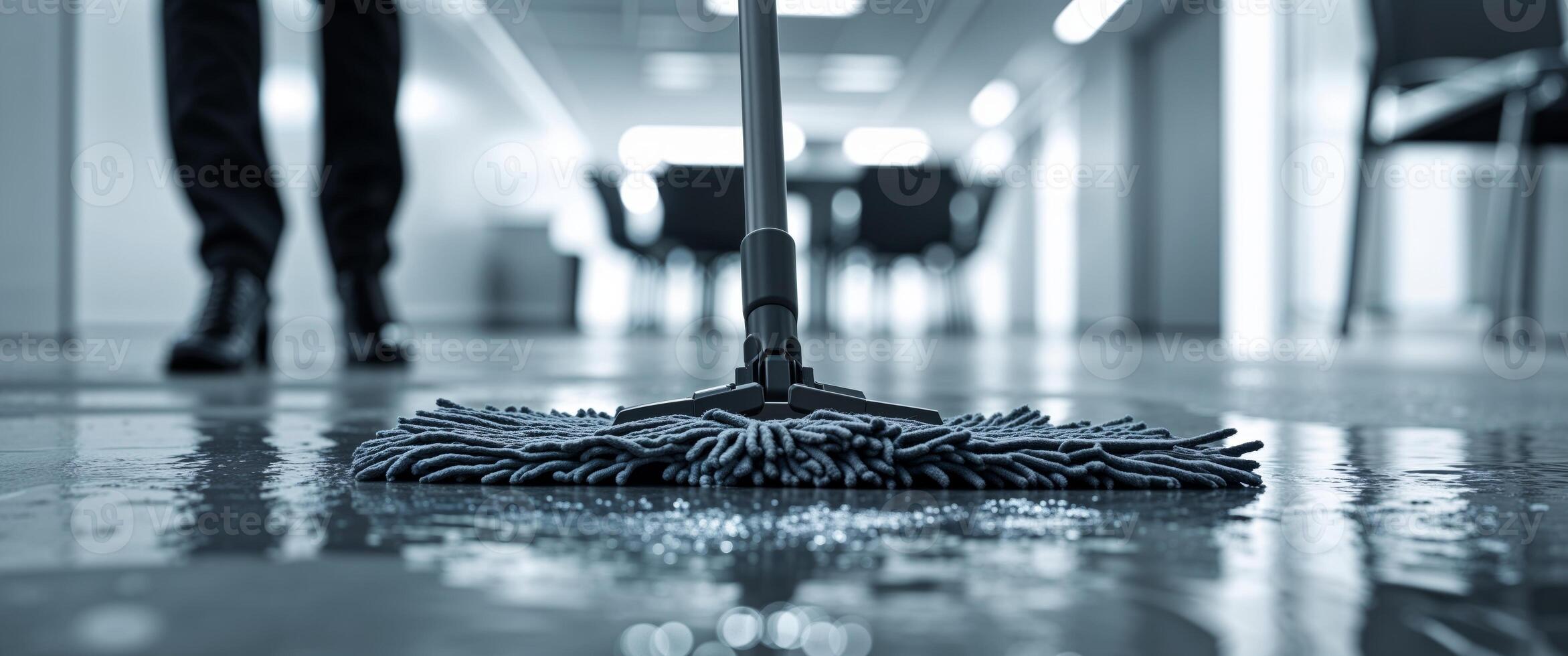 Mop Cleaning Wet Floor in Office Hallway photo