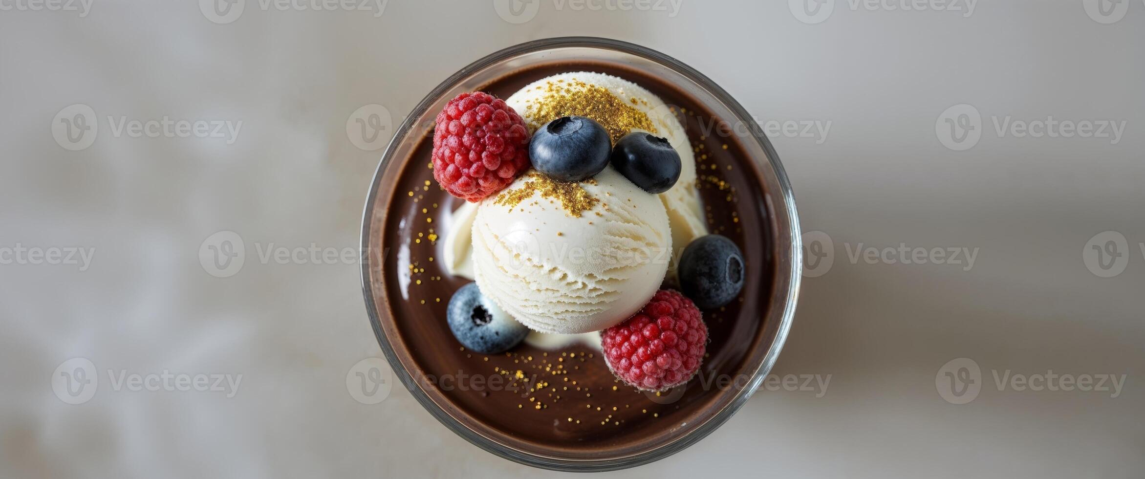 Chocolate Pudding Dessert Ice Cream Berries. photo