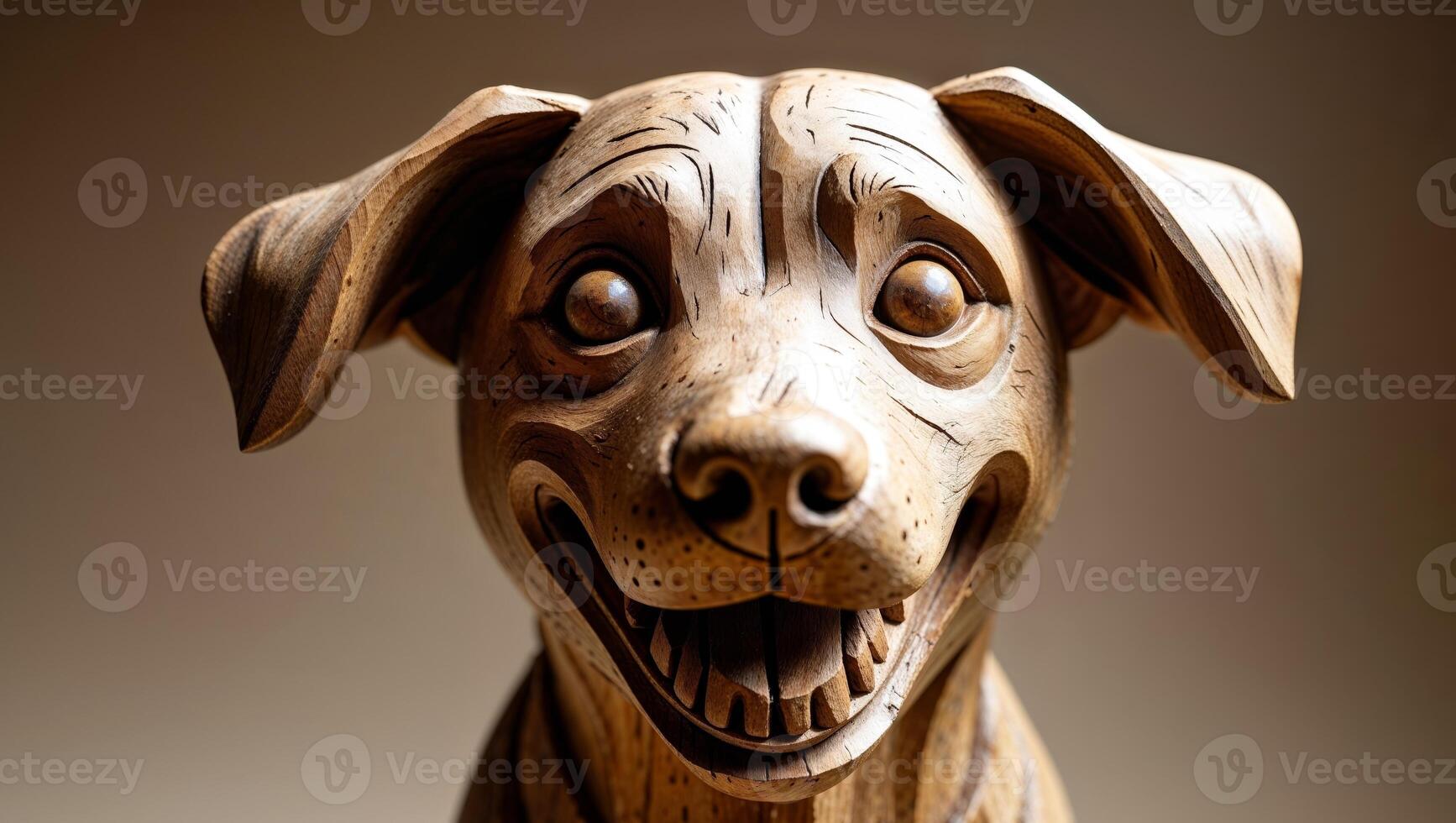 Charming wooden carving depicting a cheerful puppy with joyful expression photo