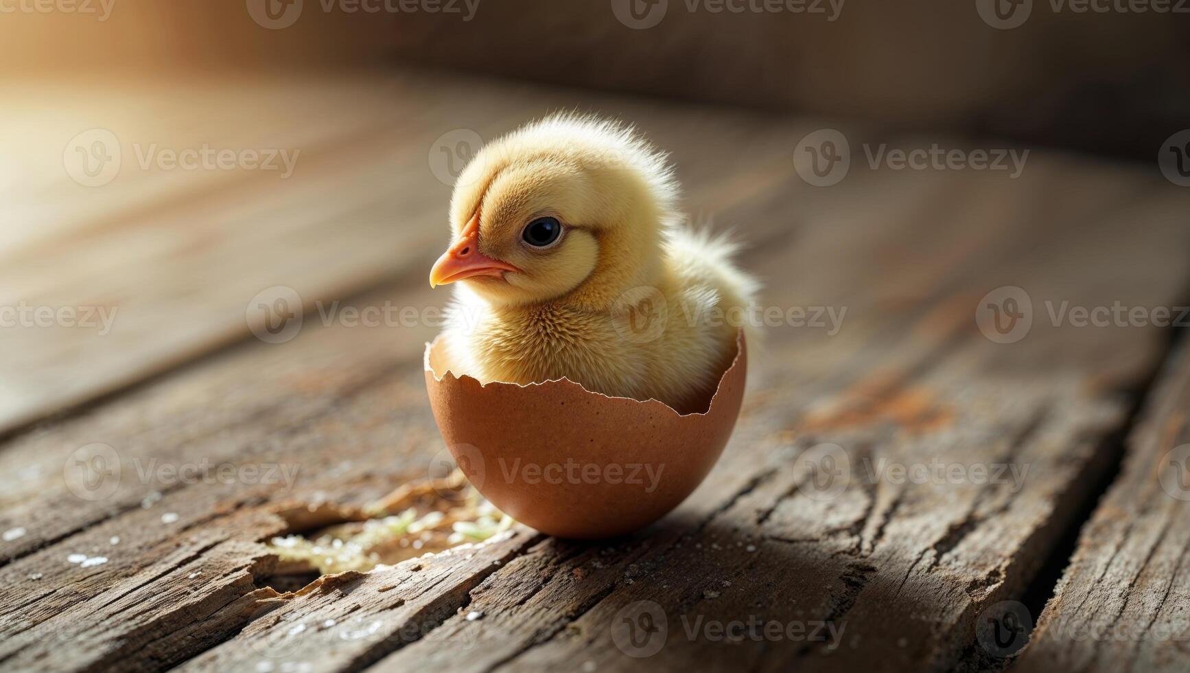 Newborn chick hatching from egg on rustic wooden surface photo