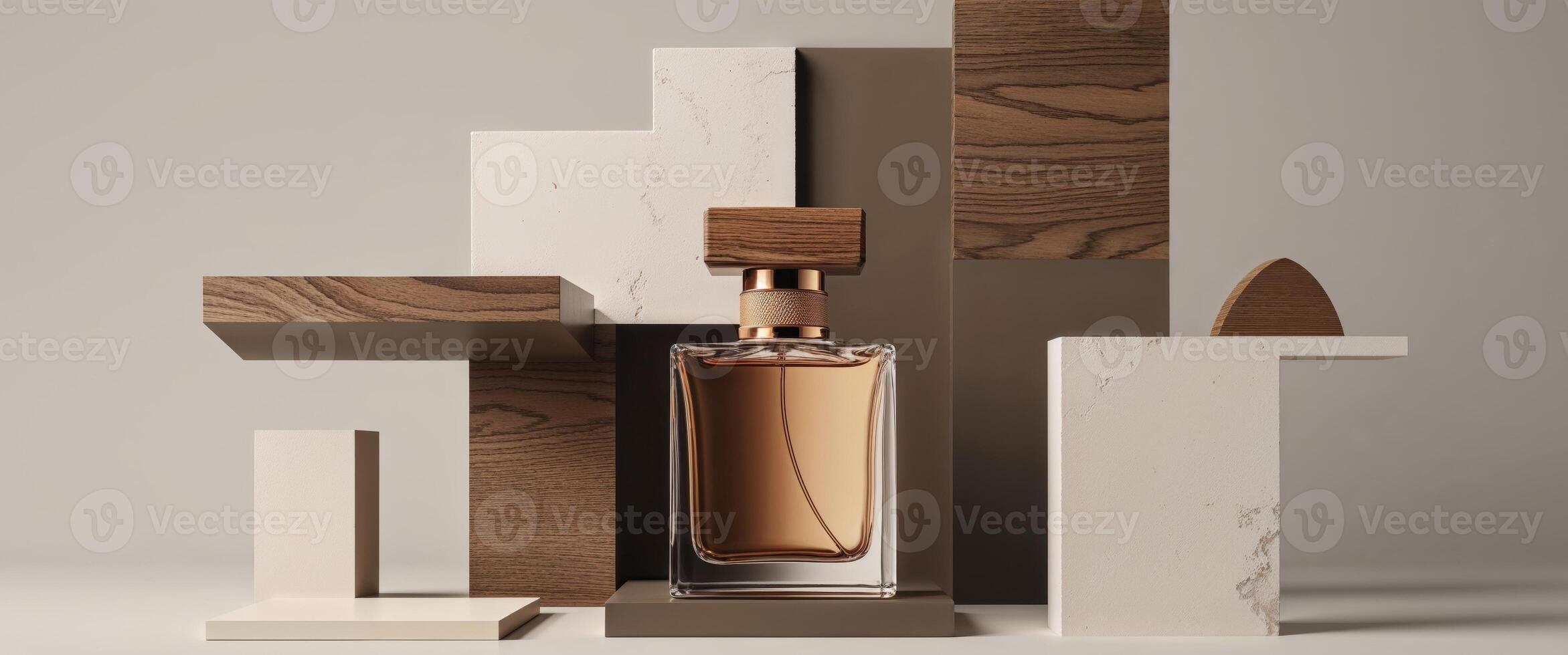 A bottle of perfume sitting on top of a block photo