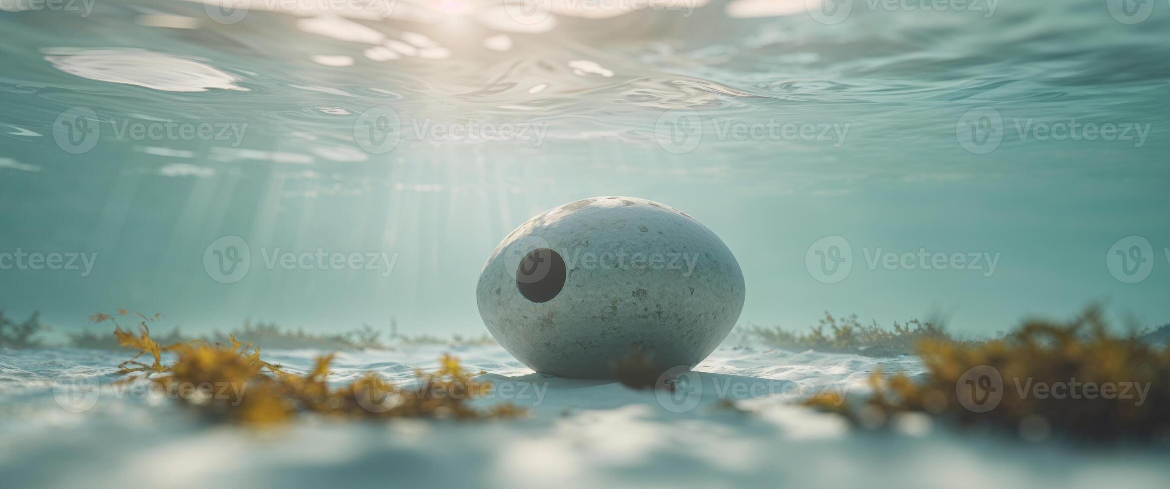 An underwater egg sitting on the surface of the water photo