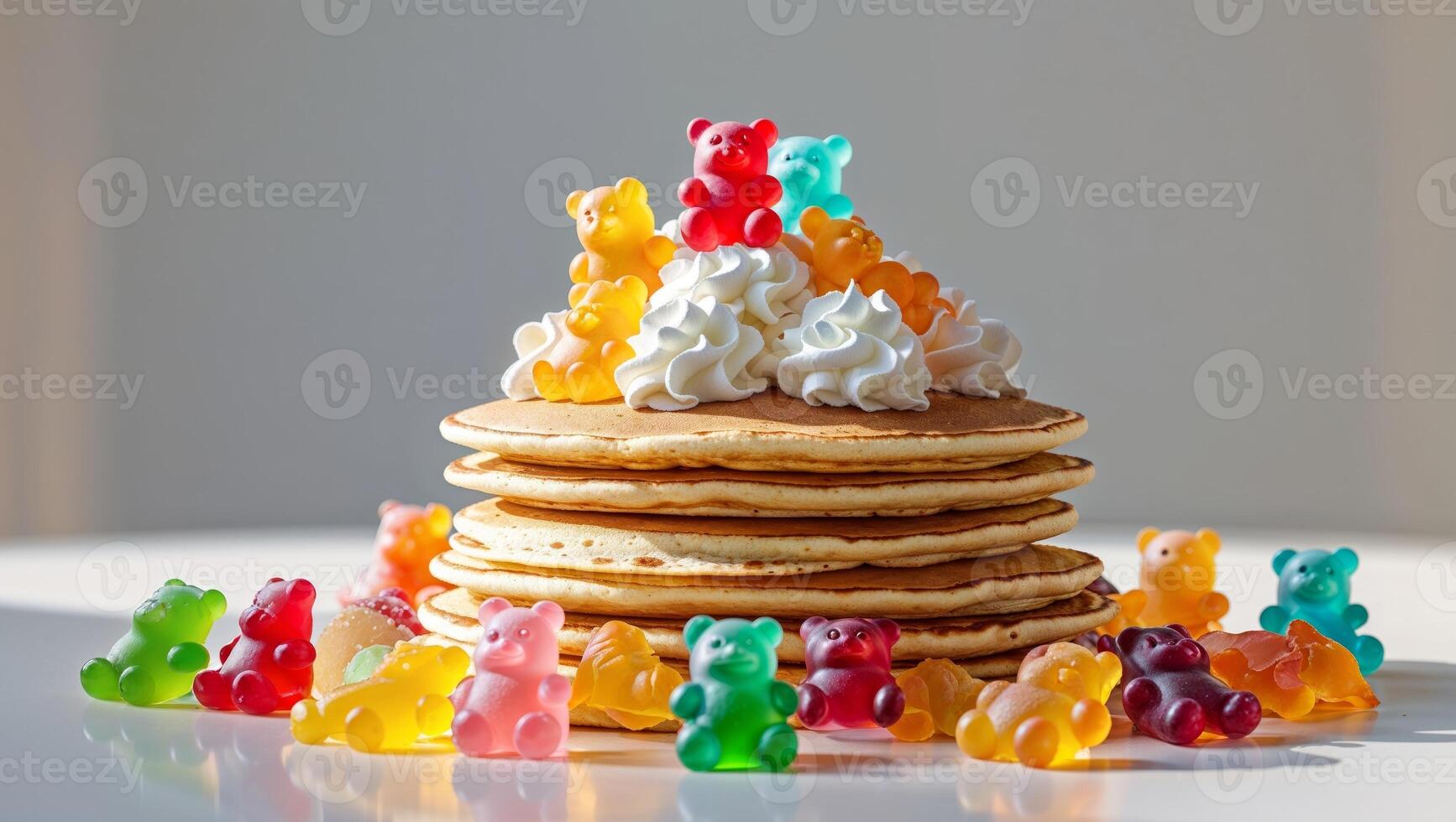 A stack of pancakes with gummy bears on top photo