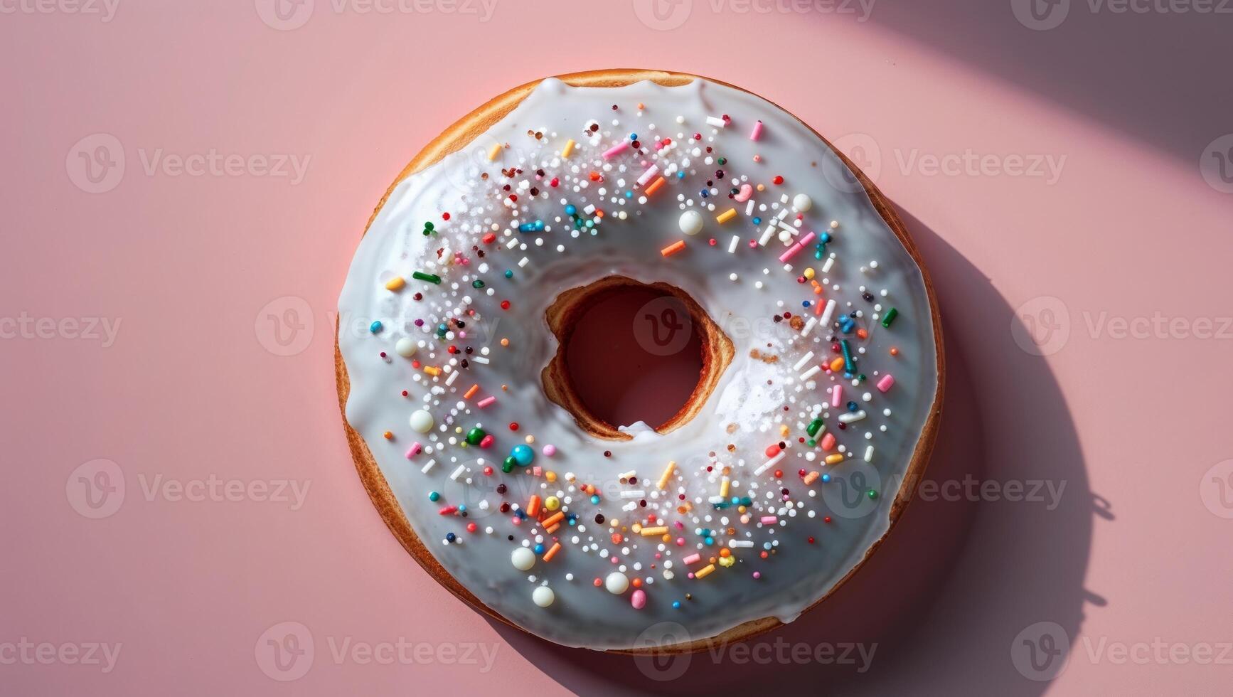 A donut with sprinkles on top of a pink background photo