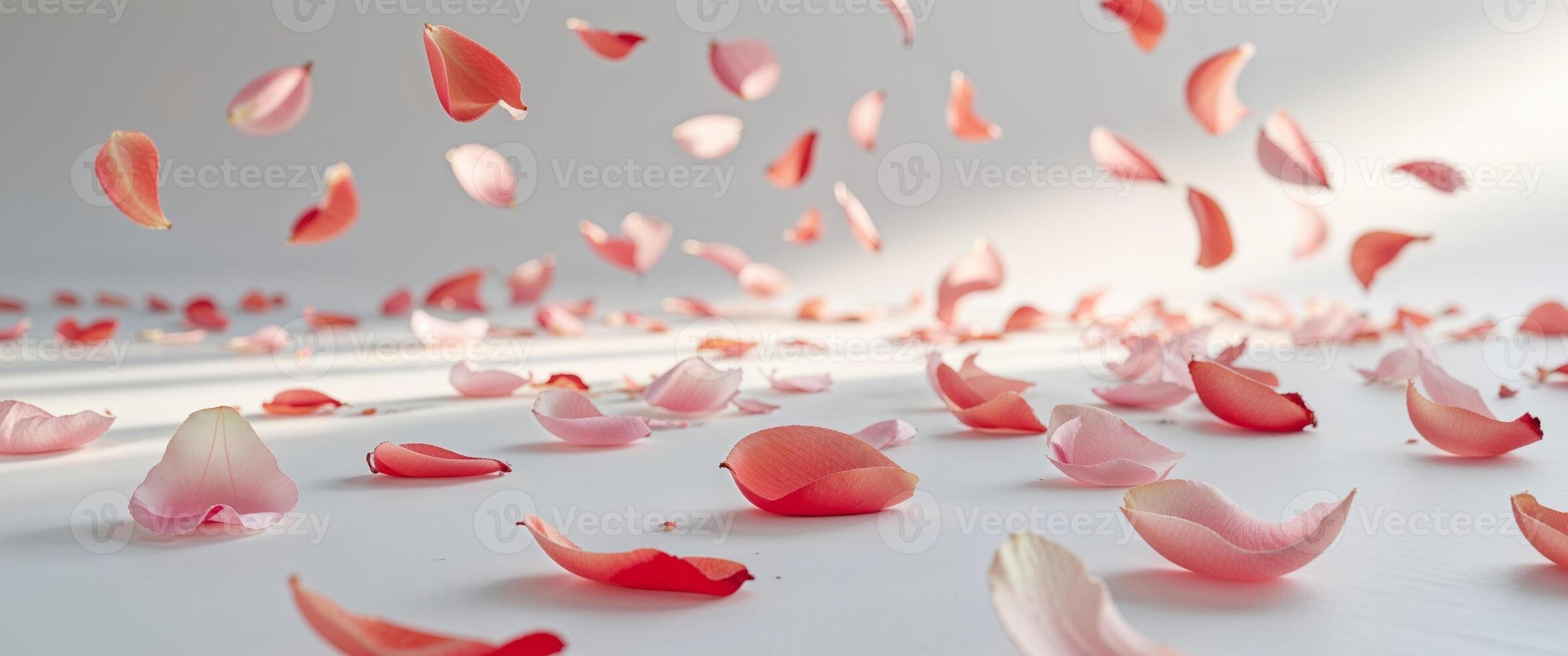 A bunch of pink petals are scattered on a white surface photo