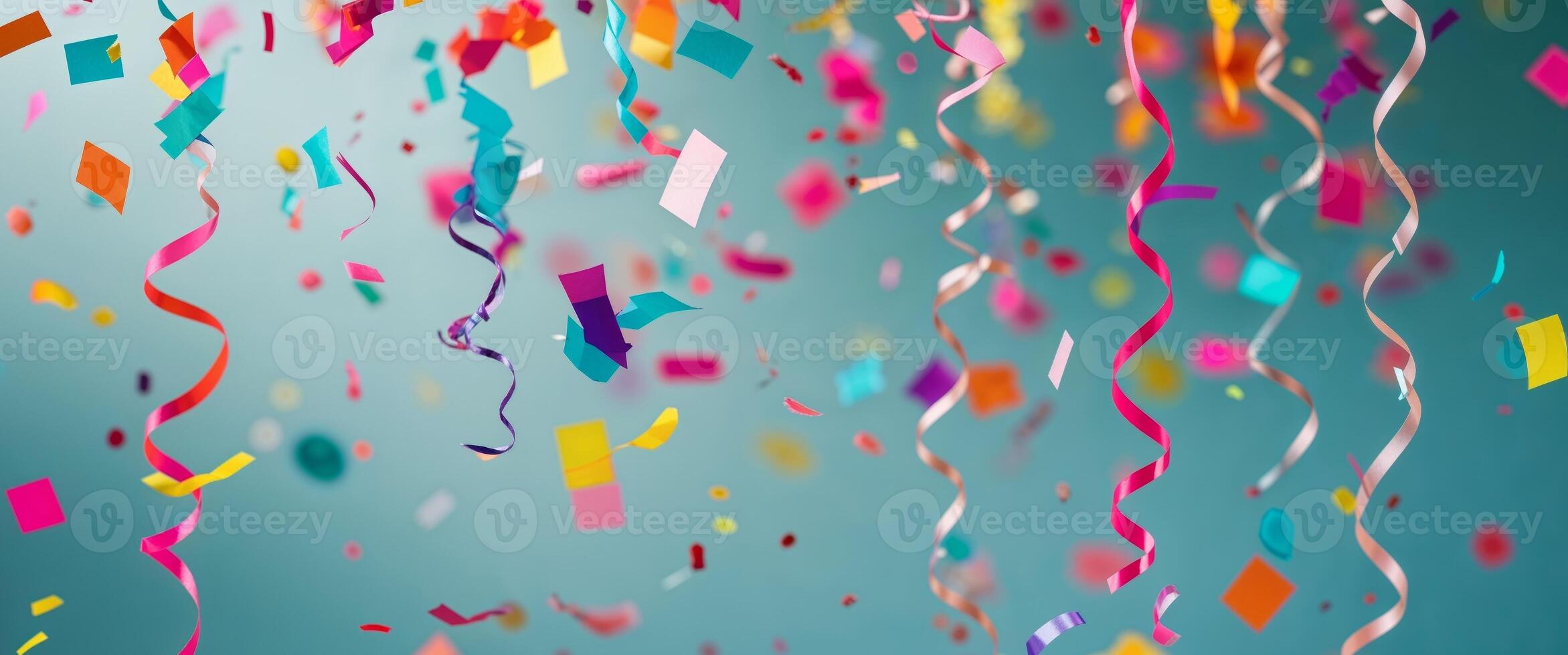 Colorful confetti streamers on a blue background photo
