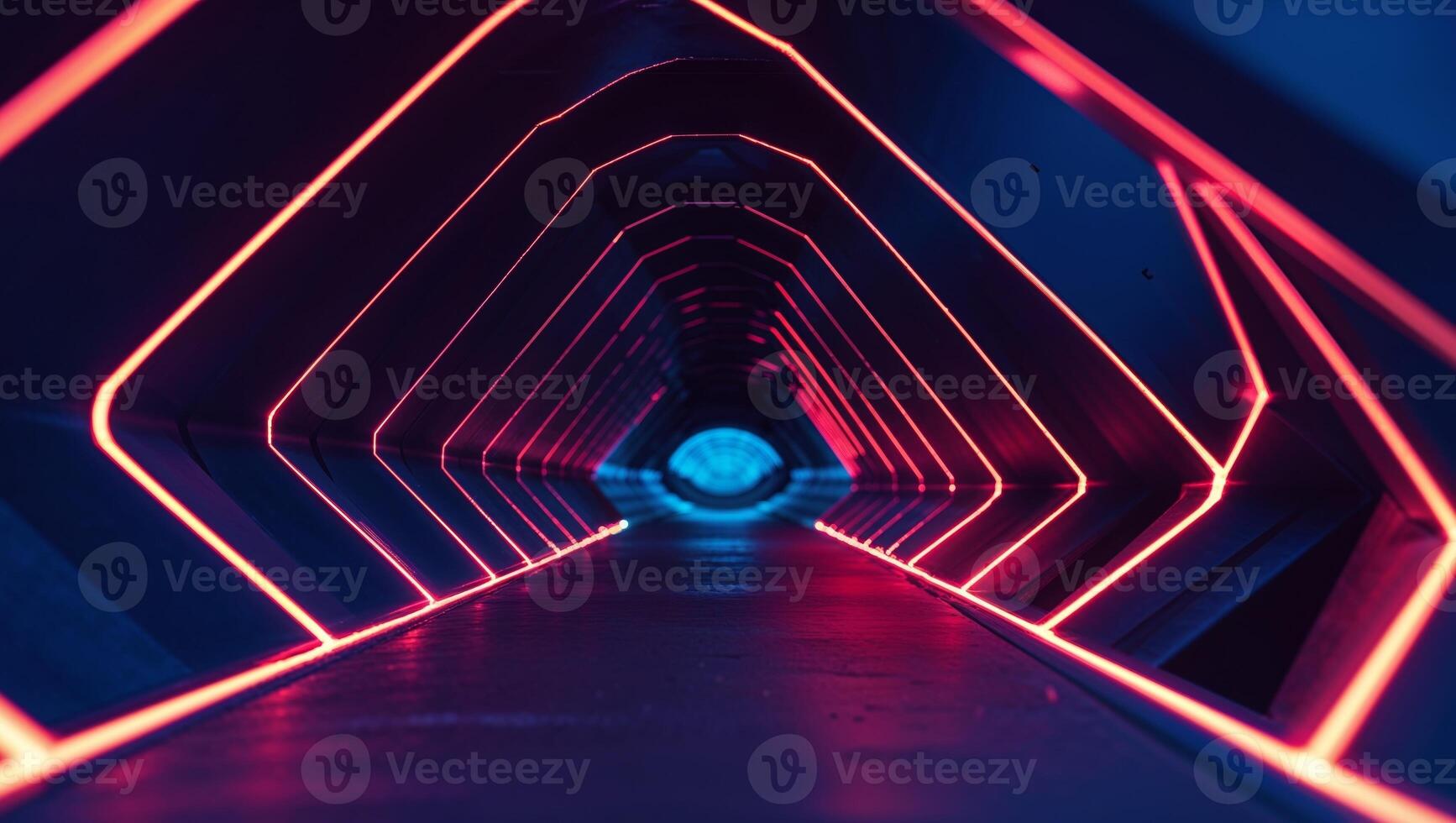 A tunnel with neon lights and a red light photo