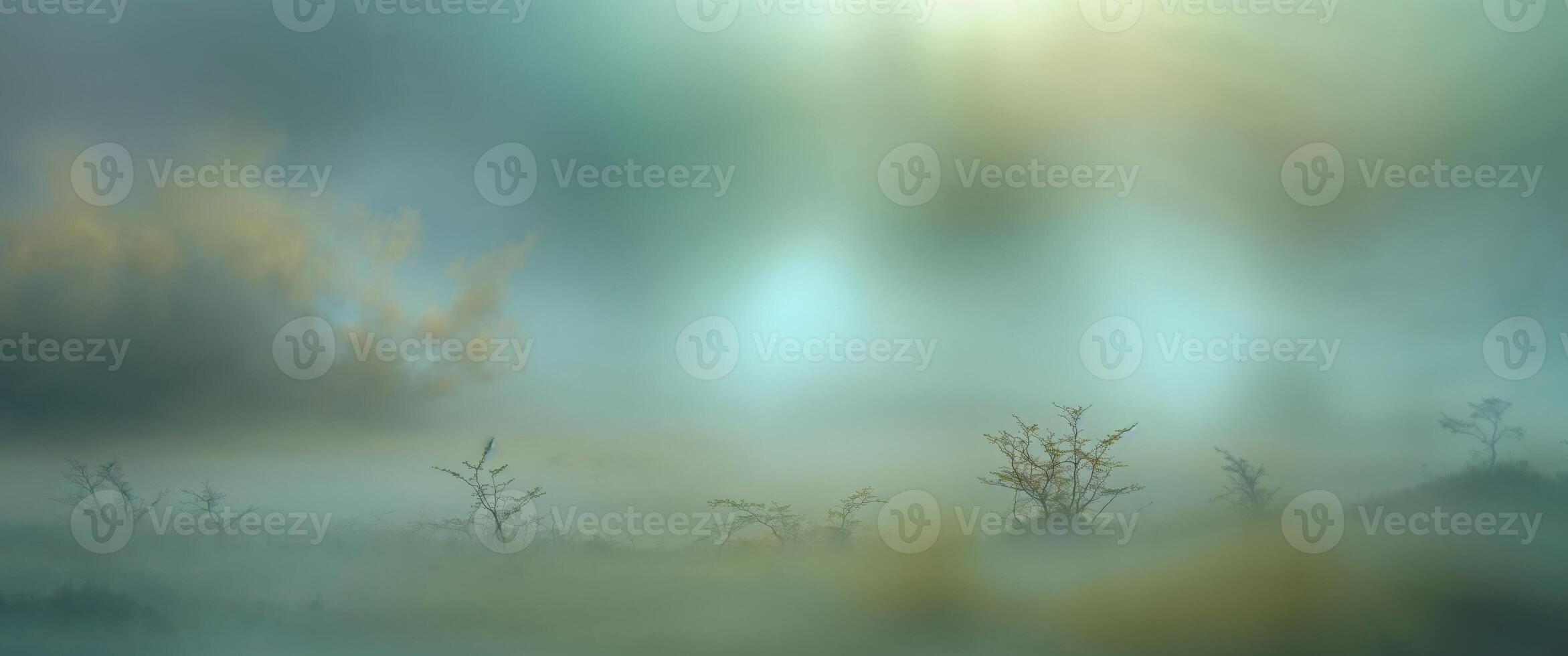 A painting of a foggy landscape with trees and grass photo