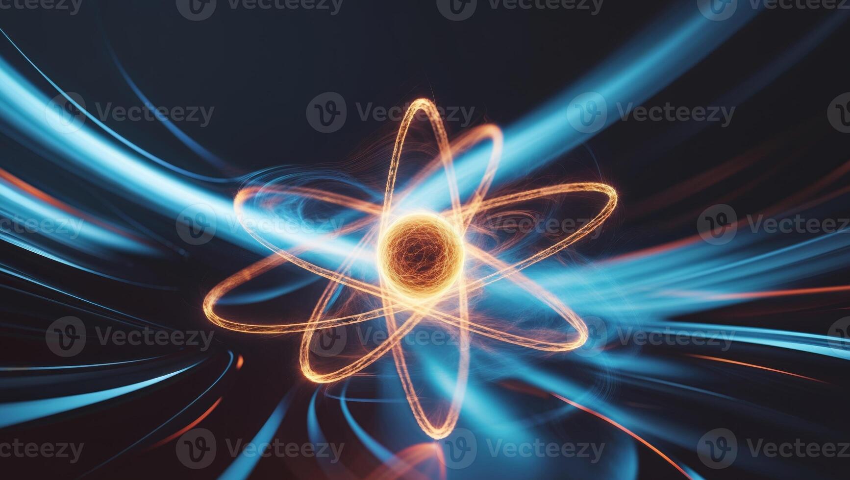 An abstract image of an atom with glowing light photo