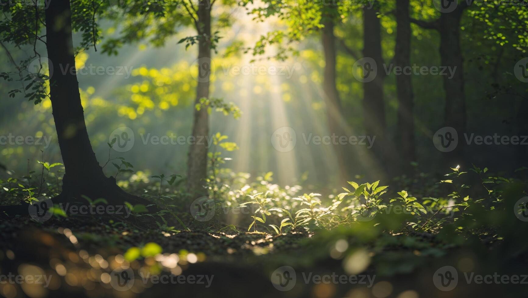 Sunlight shining through the trees in a forest photo