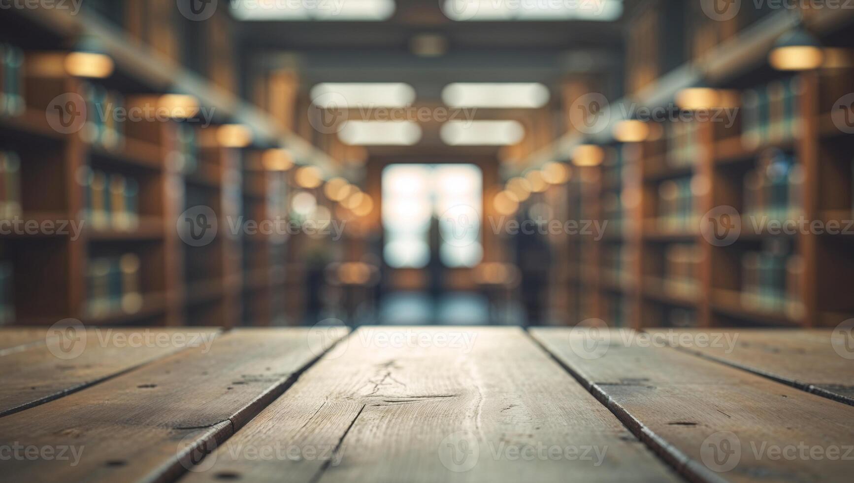 An empty wooden table in a library with bookshelves photo