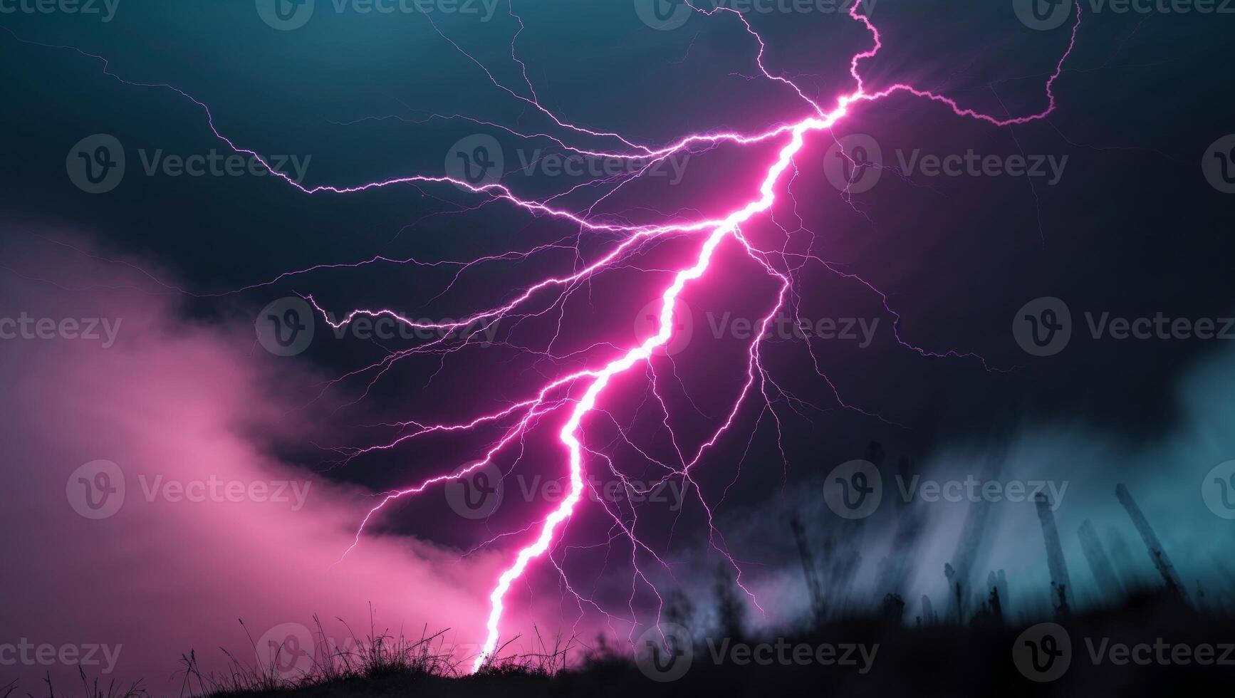 Lightning bolt in the sky with pink and blue clouds photo