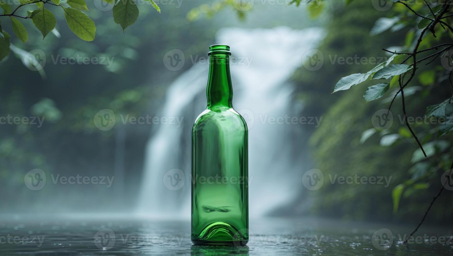 A green bottle sitting in front of a waterfall photo