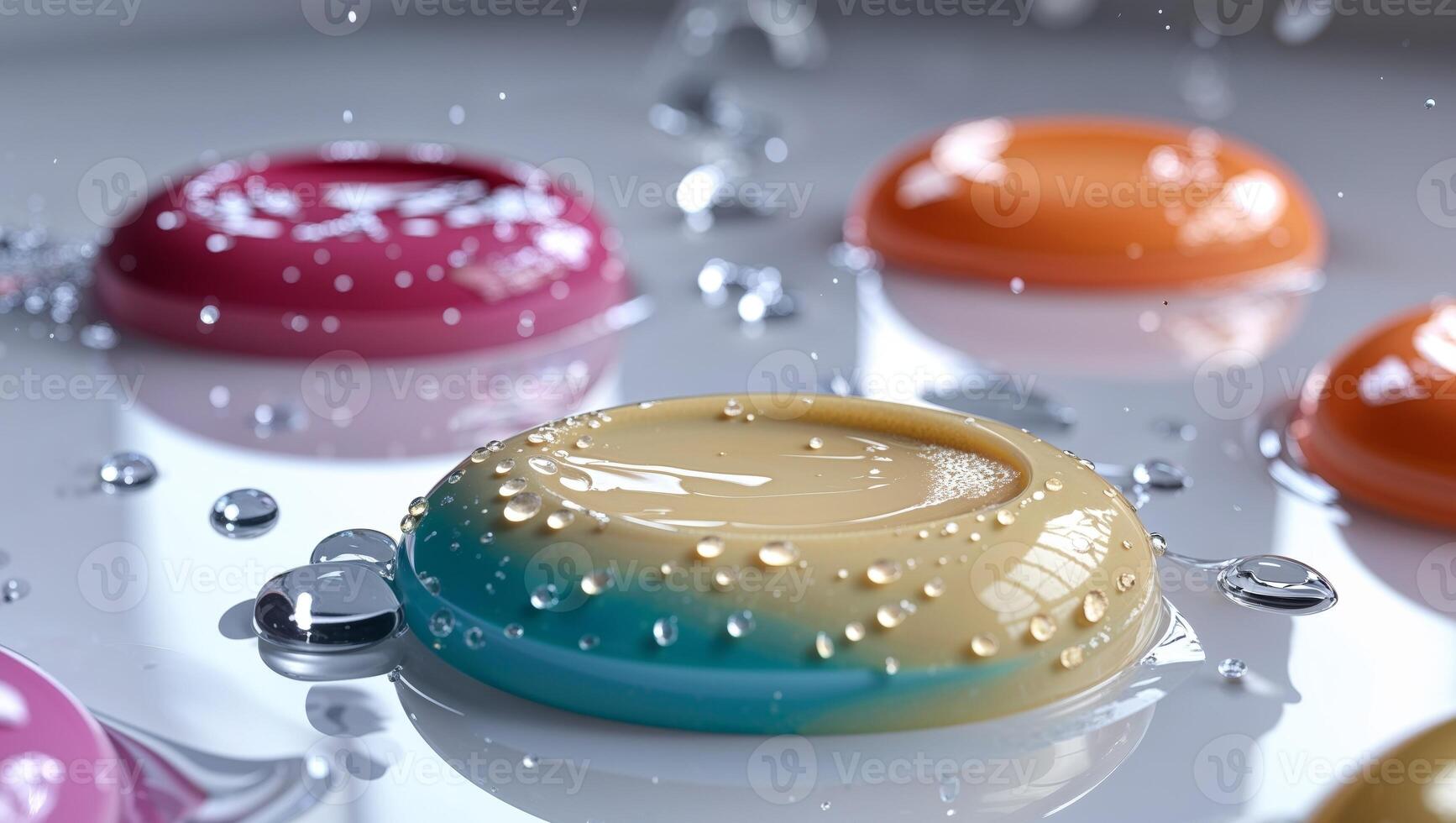 Colorful jelly beans in water with drops of water photo