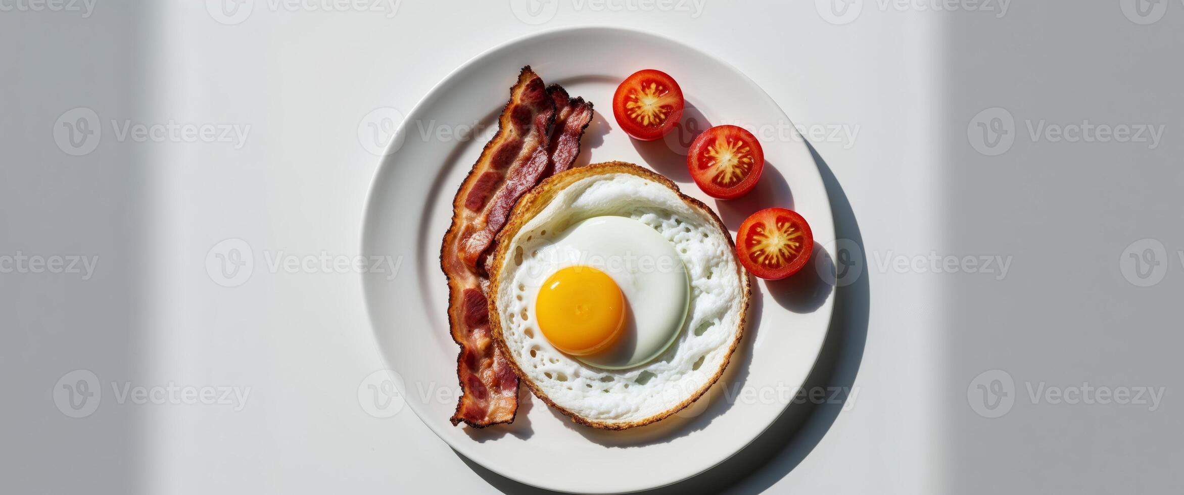 An egg, bacon and tomato breakfast on a white plate photo
