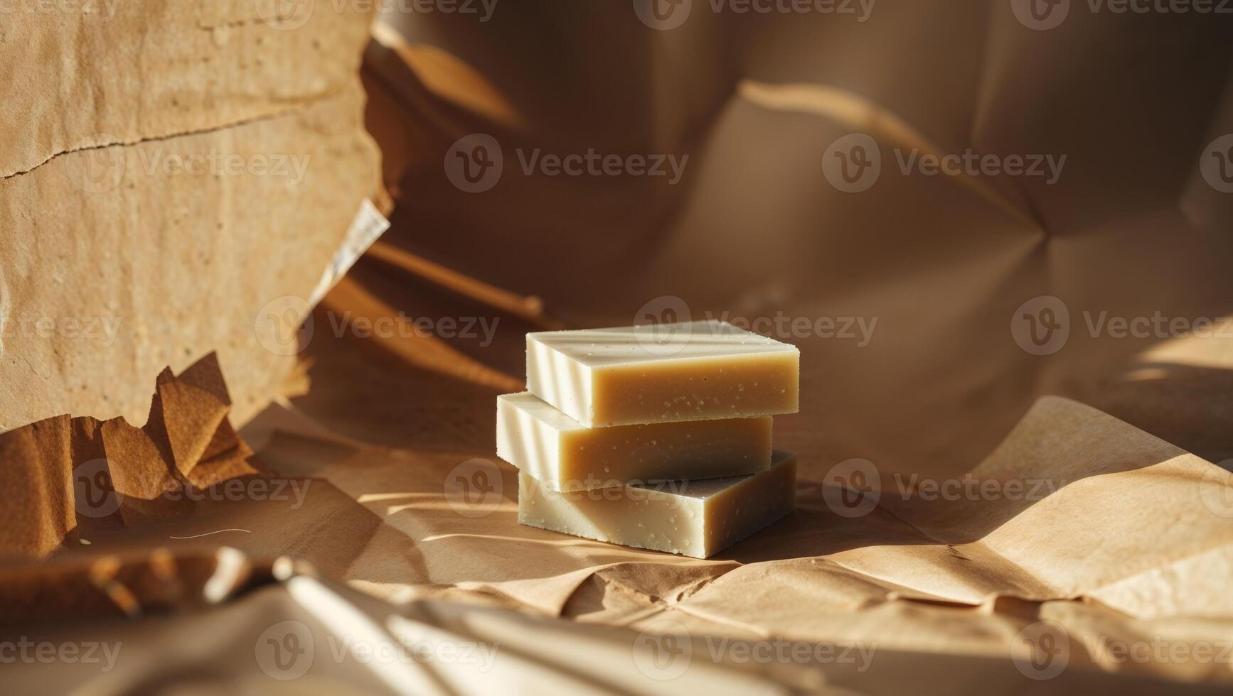 Three squares of soap sitting on top of a brown paper photo