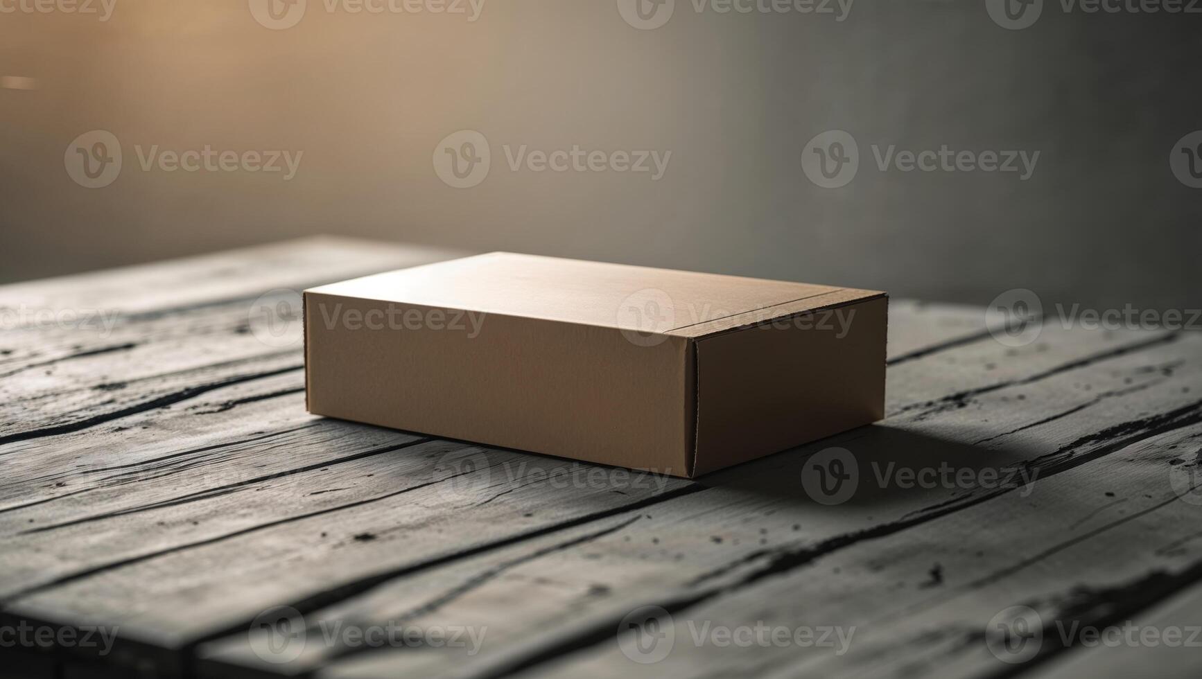 A brown cardboard box sitting on a wooden table photo