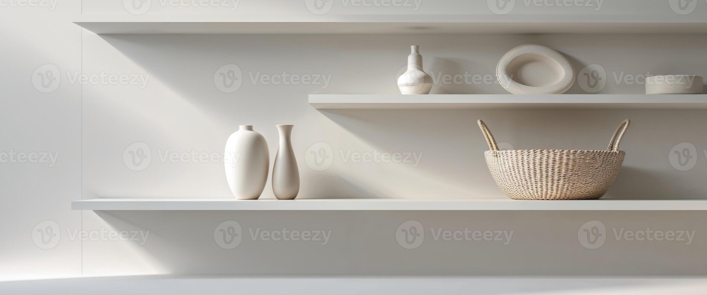 Organized shelf display with decorative items photo